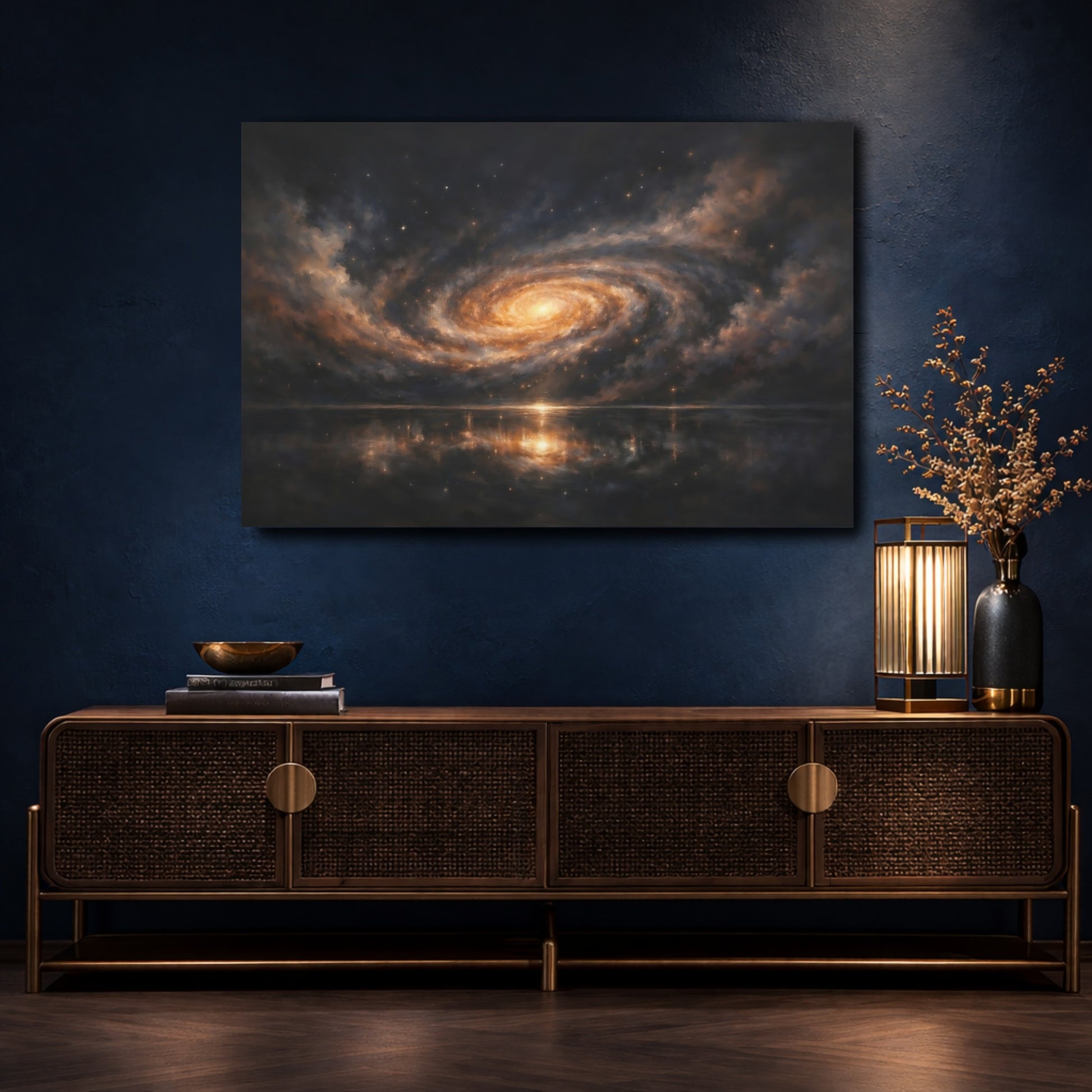 Mockup 4. Science Fiction Spiral Galaxy Dark Orange Galaxy shown as stretched canvas wall art
