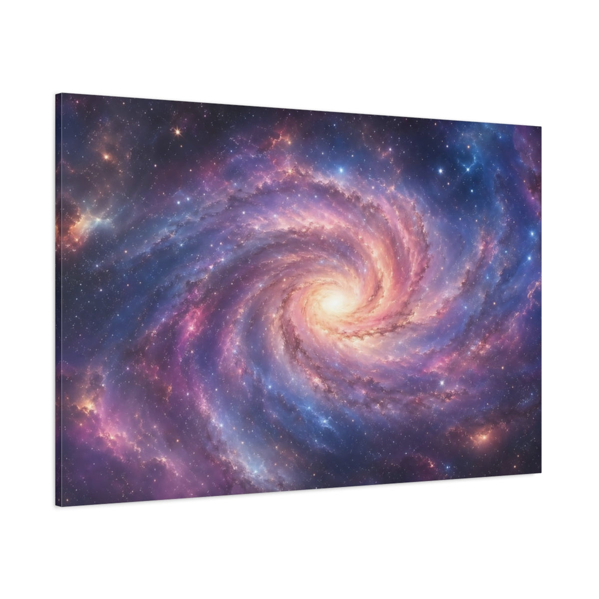 Side Mockup 1. Science Fiction Spiral Galaxy Purple Blue Galaxy shown as stretched canvas wall art