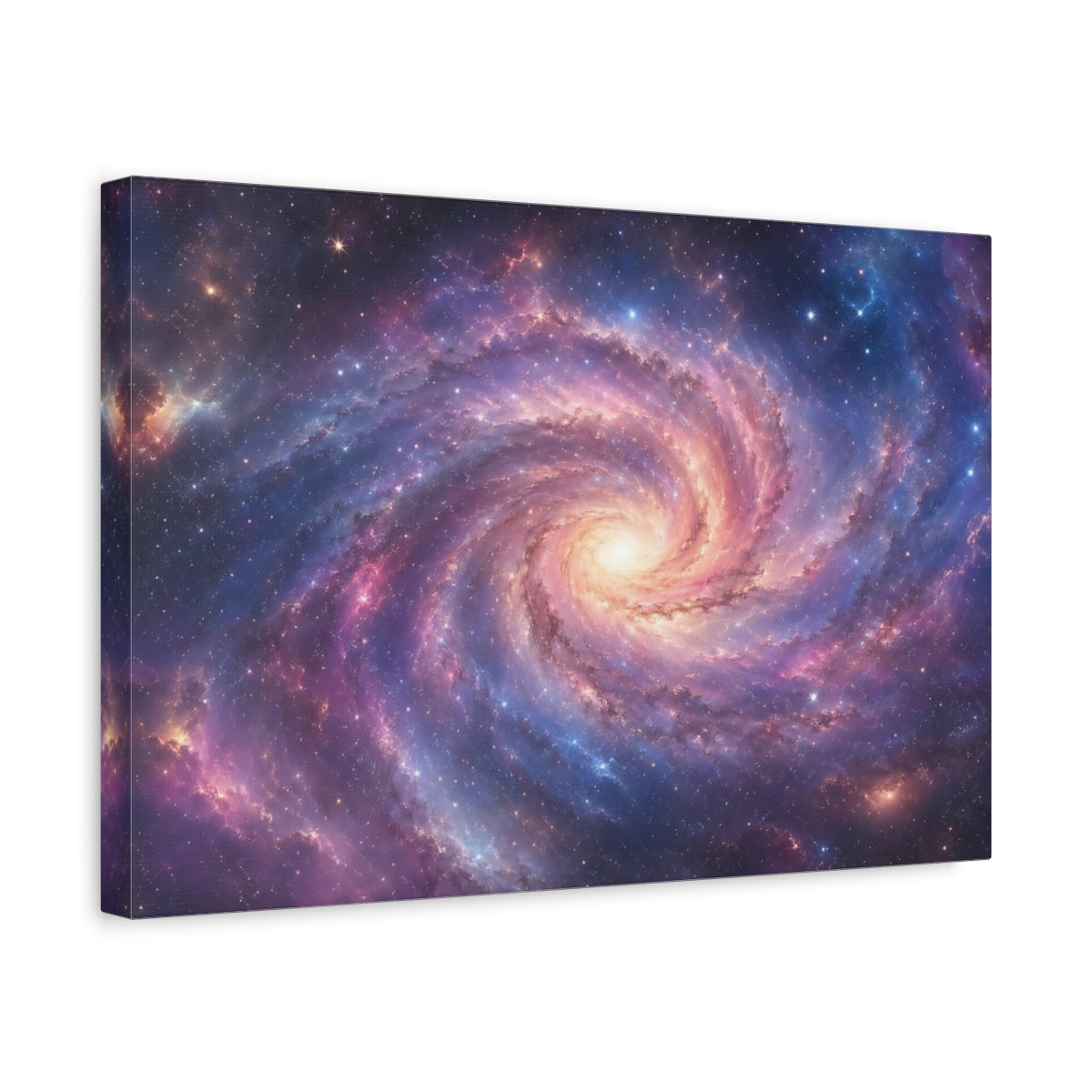 Side Mockup 4. Science Fiction Spiral Galaxy Purple Blue Galaxy shown as stretched canvas wall art