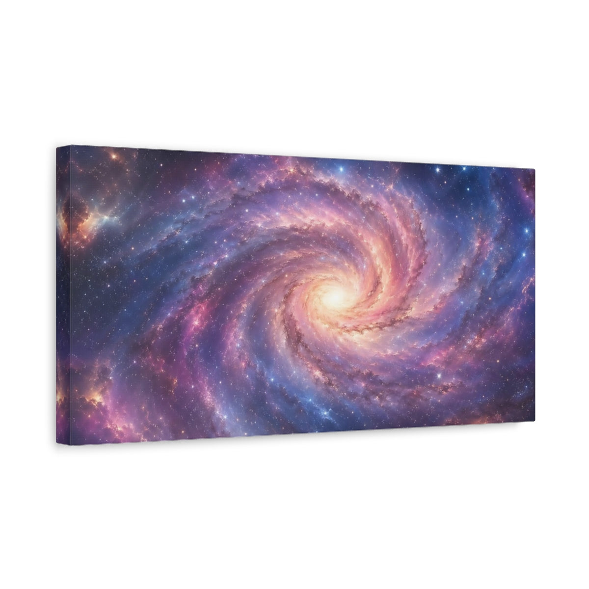 Side Mockup 3. Science Fiction Spiral Galaxy Purple Blue Galaxy shown as stretched canvas wall art