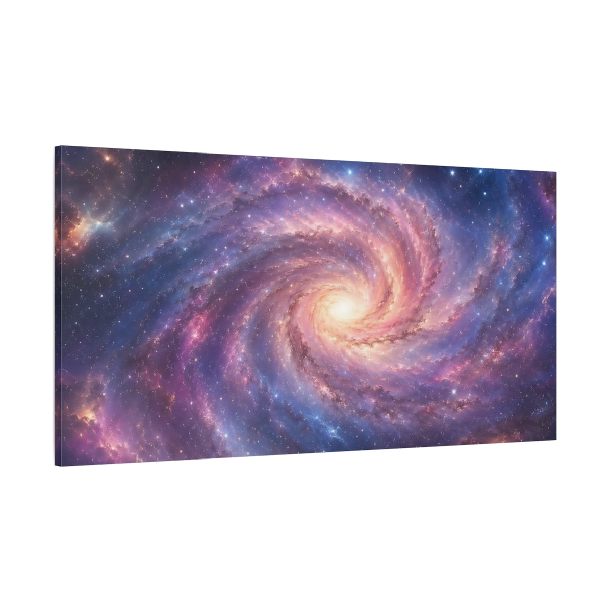 Side Mockup 2. Science Fiction Spiral Galaxy Purple Blue Galaxy shown as stretched canvas wall art