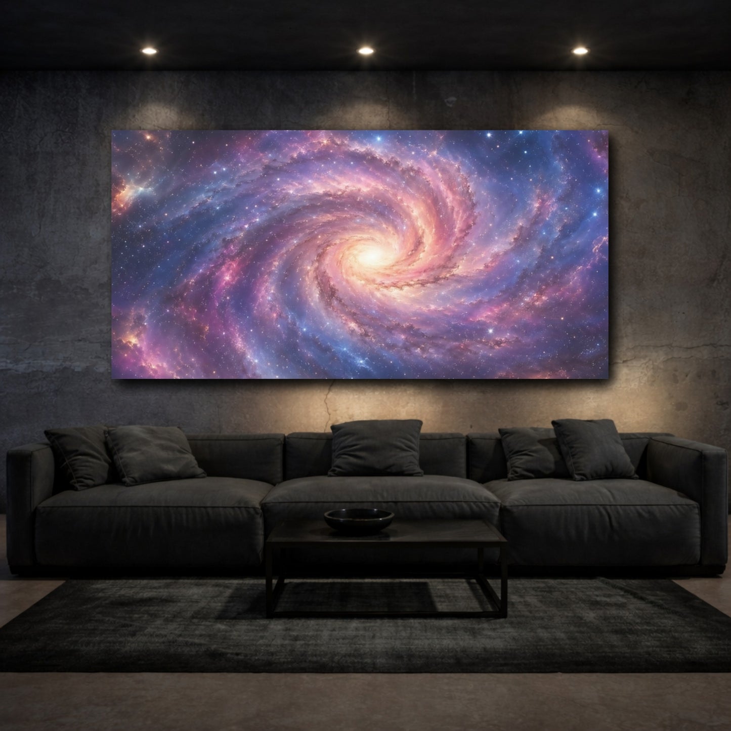 Mockup 2. Science Fiction Spiral Galaxy Purple Blue Galaxy shown as stretched canvas wall art