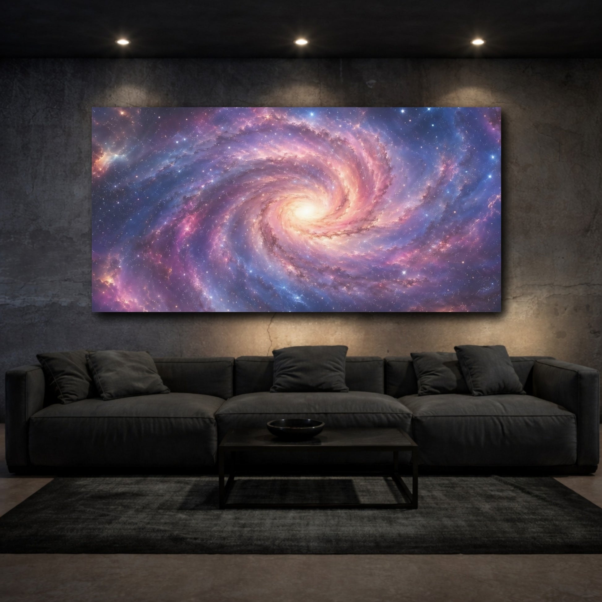 Mockup 2. Science Fiction Spiral Galaxy Purple Blue Galaxy shown as stretched canvas wall art