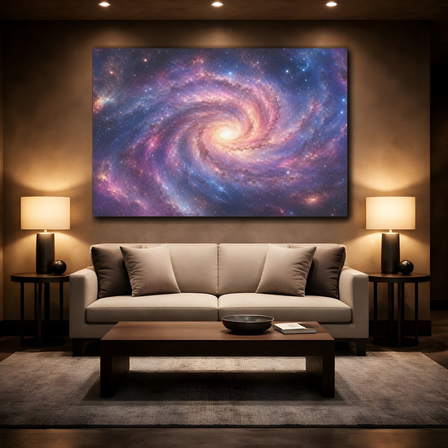 Mockup 2. Science Fiction Spiral Galaxy Purple Blue Galaxy shown as stretched canvas wall art