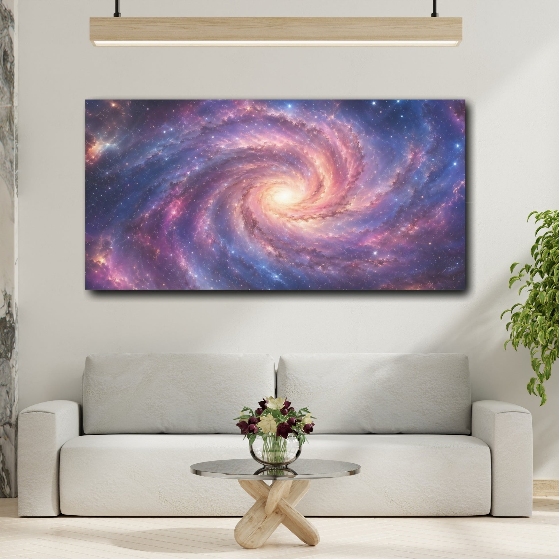 Mockup 3. Science Fiction Spiral Galaxy Purple Blue Galaxy shown as stretched canvas wall art