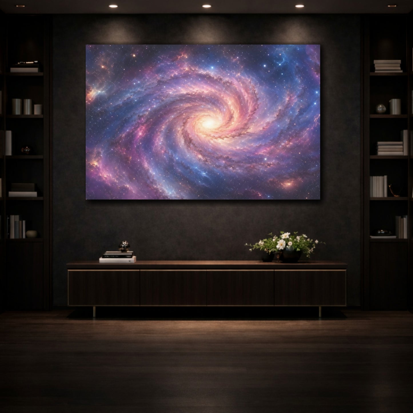 Mockup 3. Science Fiction Spiral Galaxy Purple Blue Galaxy shown as stretched canvas wall art