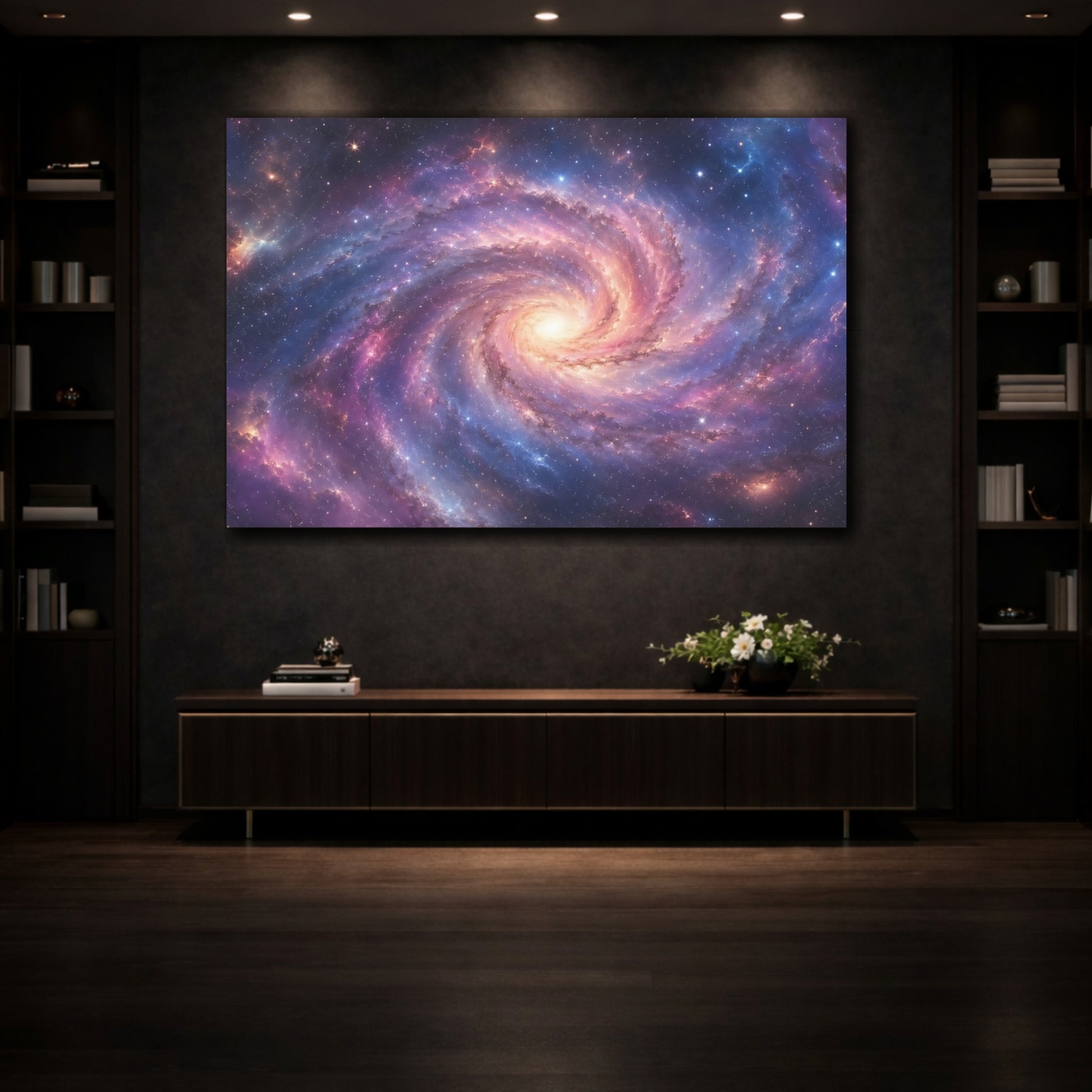 Mockup 3. Science Fiction Spiral Galaxy Purple Blue Galaxy shown as stretched canvas wall art