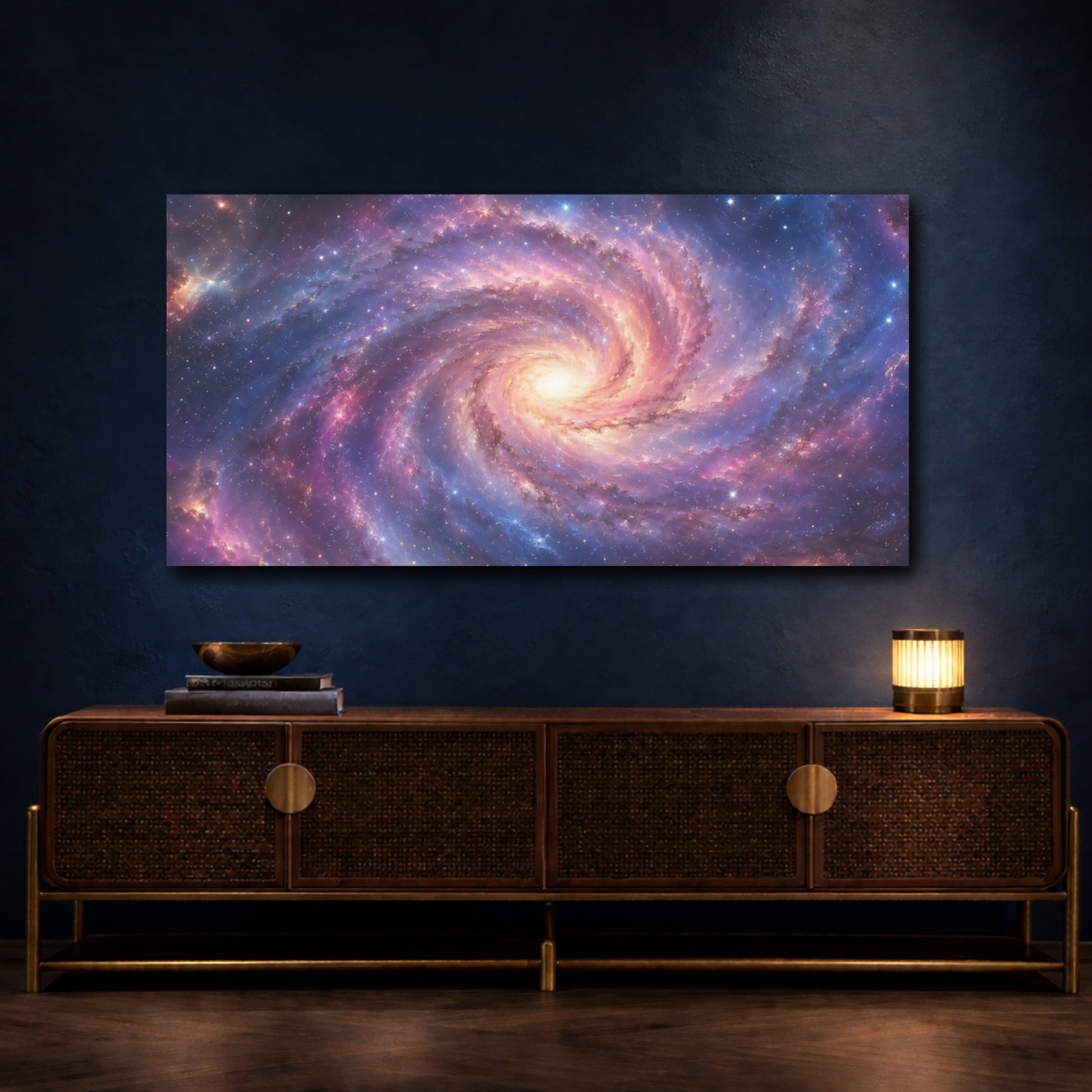 Mockup 4. Science Fiction Spiral Galaxy Purple Blue Galaxy shown as stretched canvas wall art