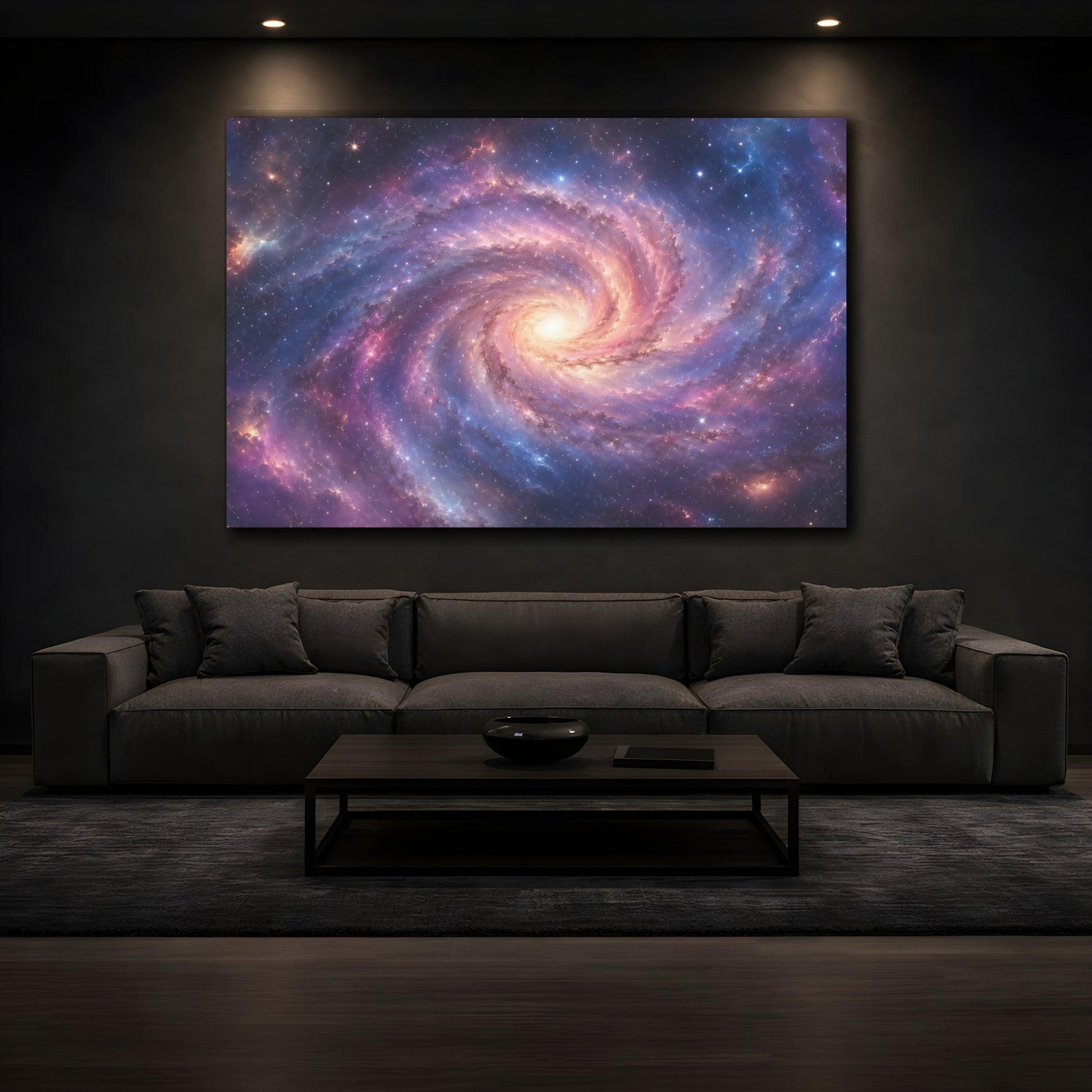 Mockup 4. Science Fiction Spiral Galaxy Purple Blue Galaxy shown as stretched canvas wall art