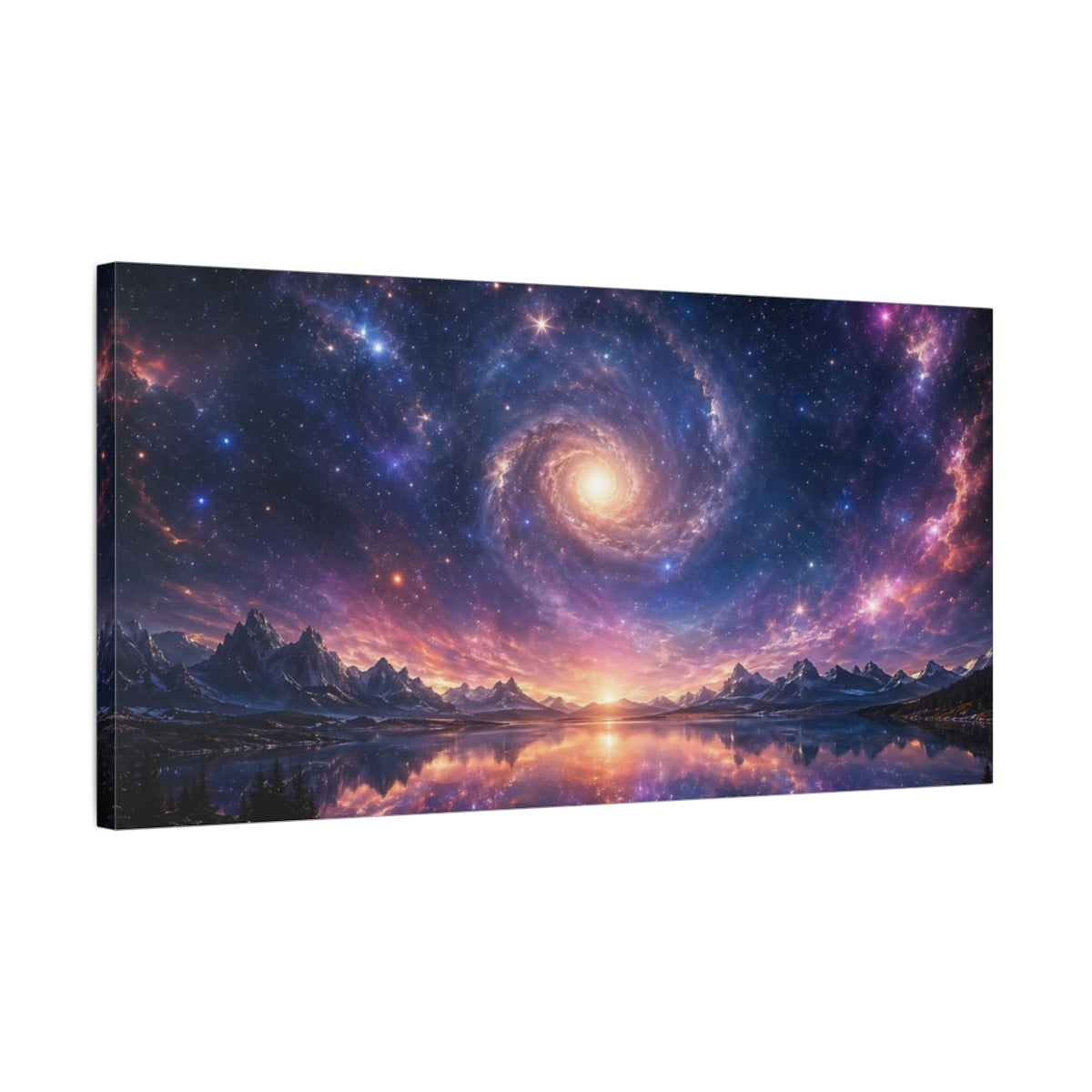 Side Mockup 1. Science Fiction Spiral Galaxy Purple Galaxy shown as stretched canvas wall art