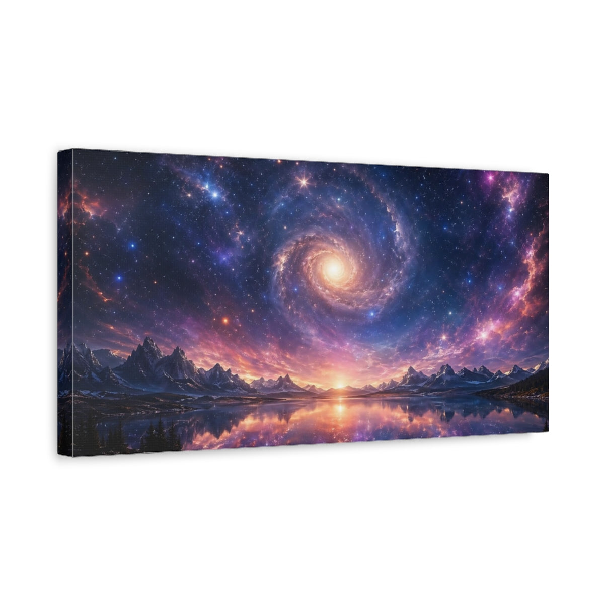 Side Mockup 3. Science Fiction Spiral Galaxy Purple Galaxy shown as stretched canvas wall art