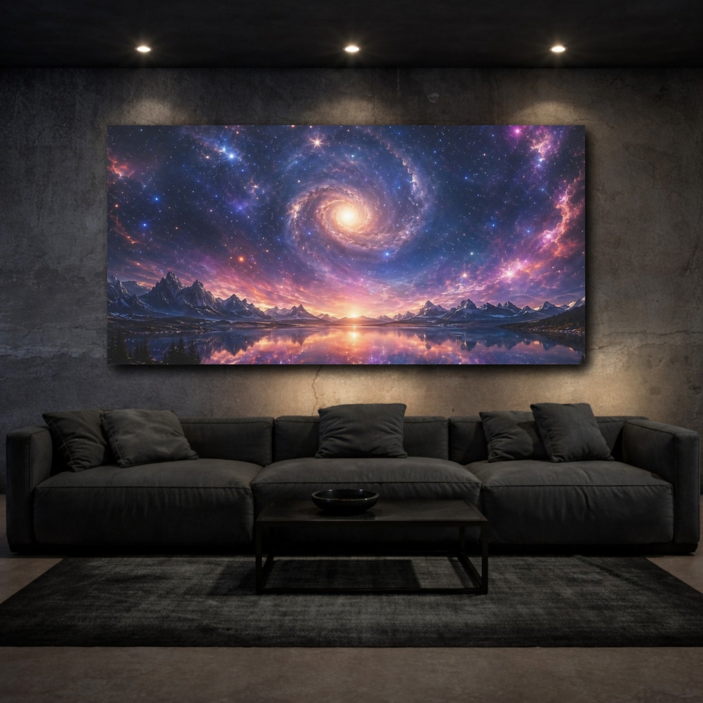 Mockup 2. Science Fiction Spiral Galaxy Purple Galaxy shown as stretched canvas wall art