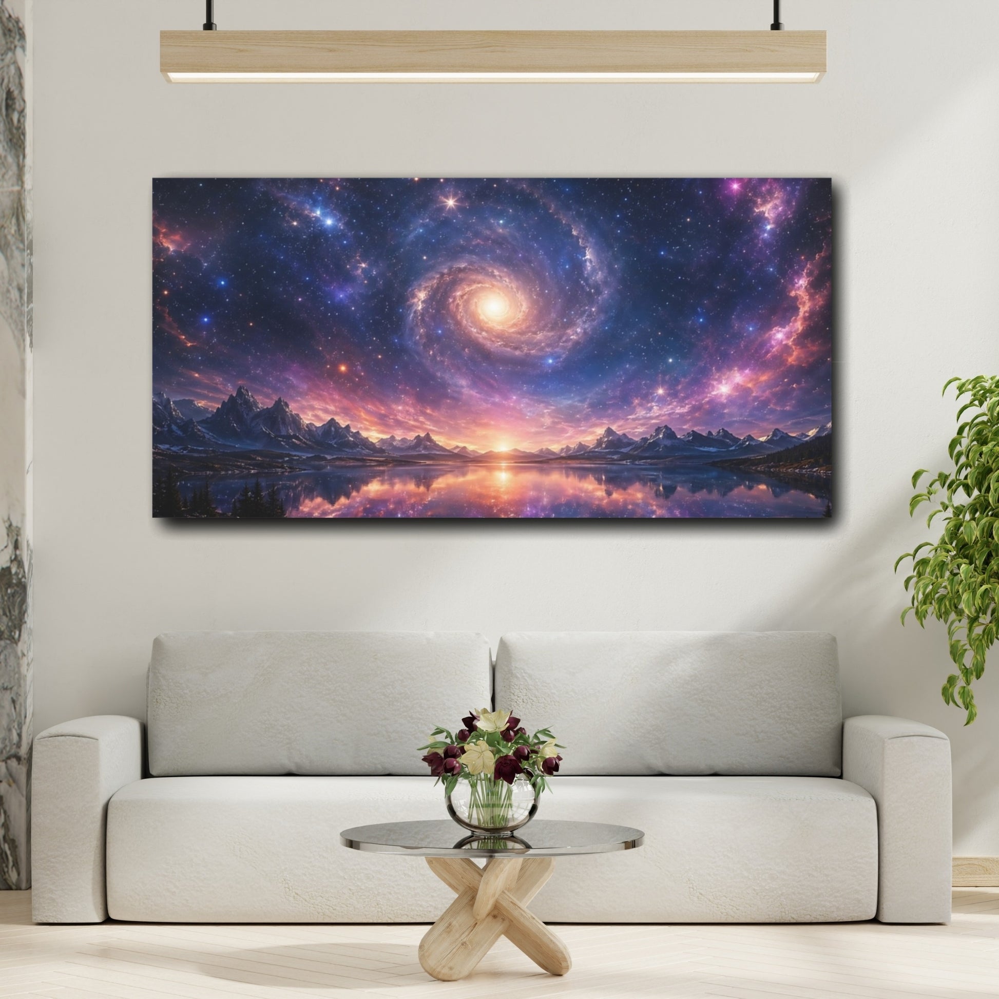 Mockup 3. Science Fiction Spiral Galaxy Purple Galaxy shown as stretched canvas wall art