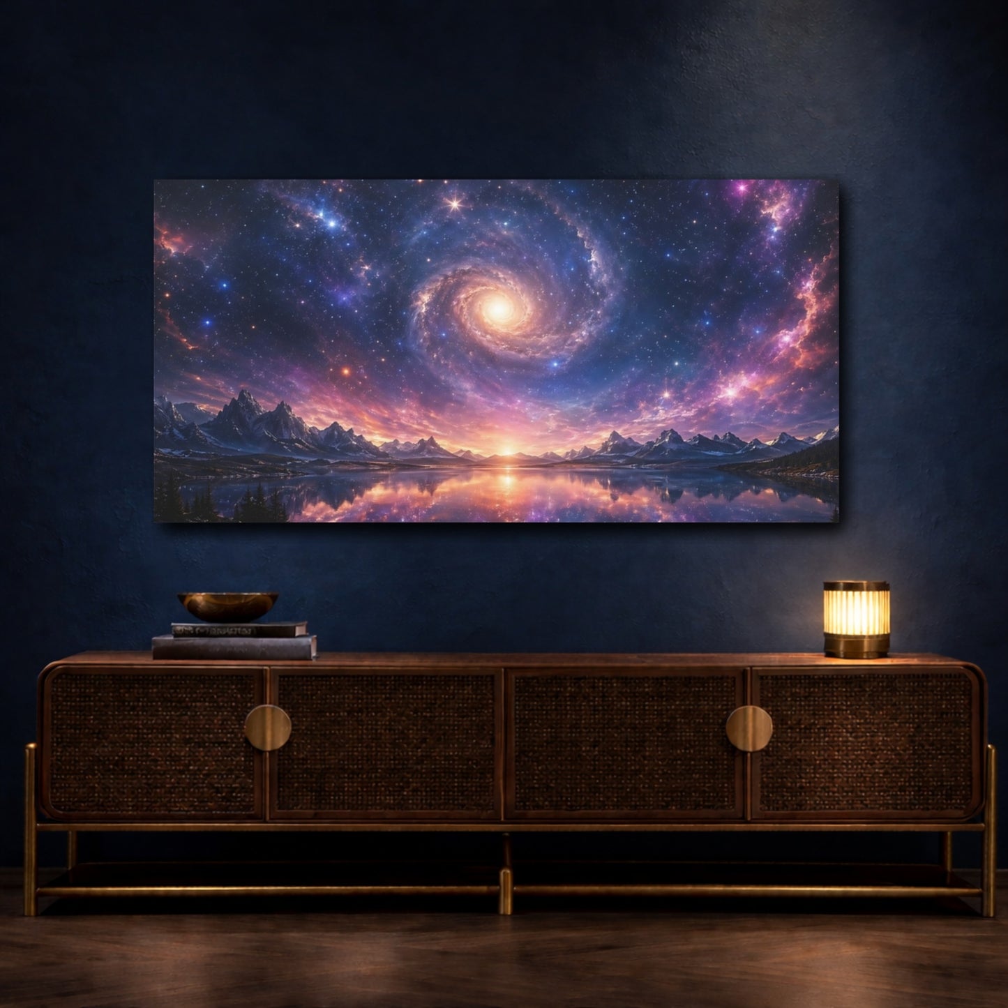 Mockup 4. Science Fiction Spiral Galaxy Purple Galaxy shown as stretched canvas wall art