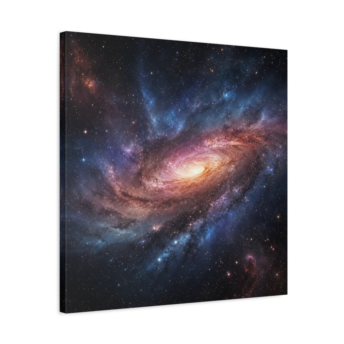 Side Mockup 4. Science Fiction Spiral Galaxy Purple Orange Galaxy shown as stretched canvas wall art
