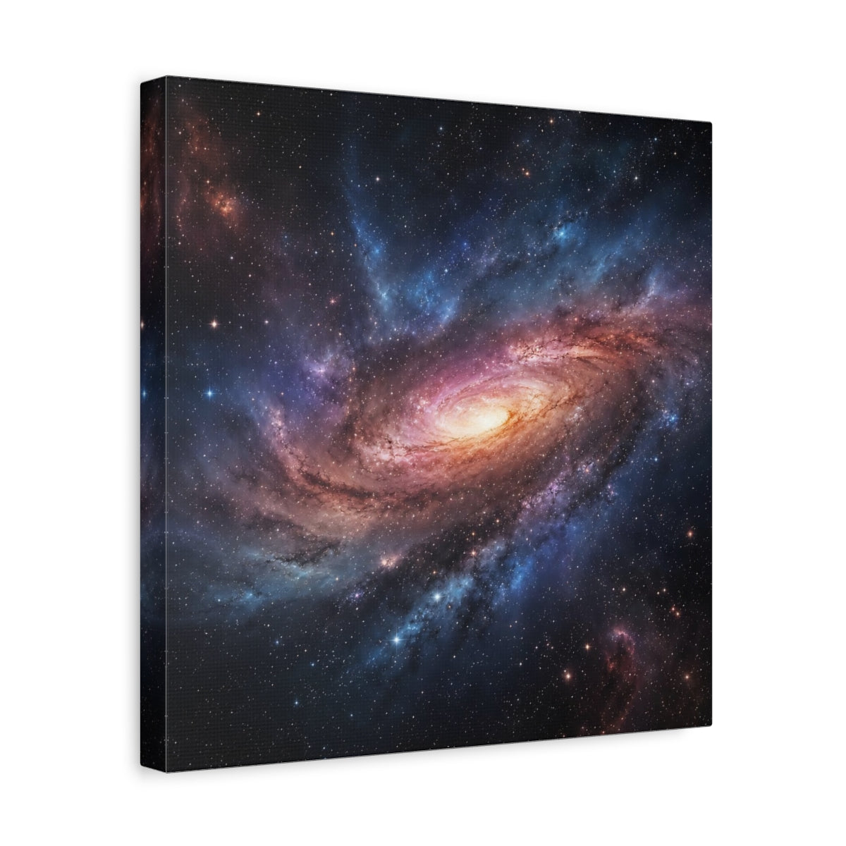 Side Mockup 7. Science Fiction Spiral Galaxy Purple Orange Galaxy shown as stretched canvas wall art