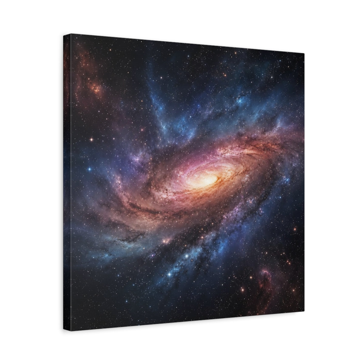 Side Mockup 5. Science Fiction Spiral Galaxy Purple Orange Galaxy shown as stretched canvas wall art