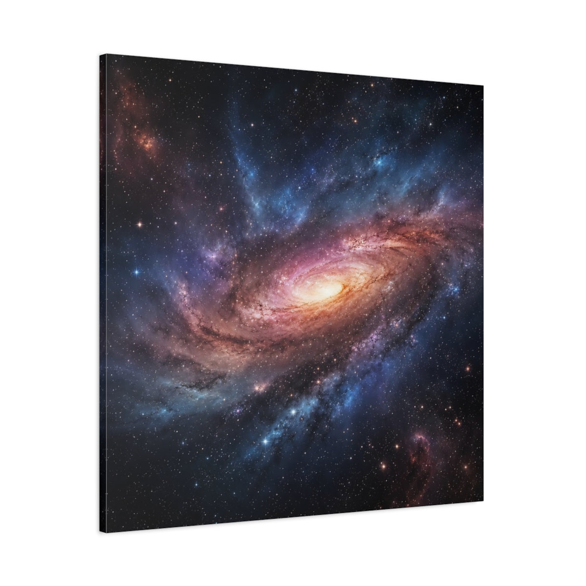 Side Mockup 1. Science Fiction Spiral Galaxy Purple Orange Galaxy shown as stretched canvas wall art