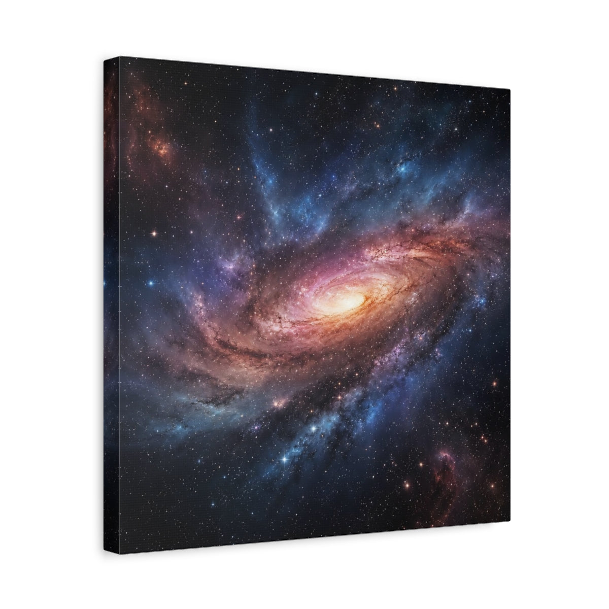 Side Mockup 6. Science Fiction Spiral Galaxy Purple Orange Galaxy shown as stretched canvas wall art