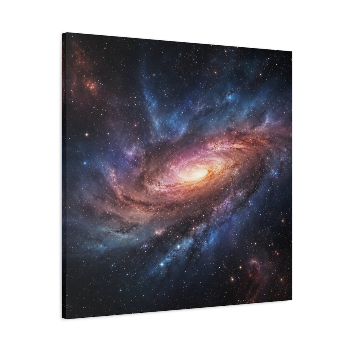 Side Mockup 3. Science Fiction Spiral Galaxy Purple Orange Galaxy shown as stretched canvas wall art