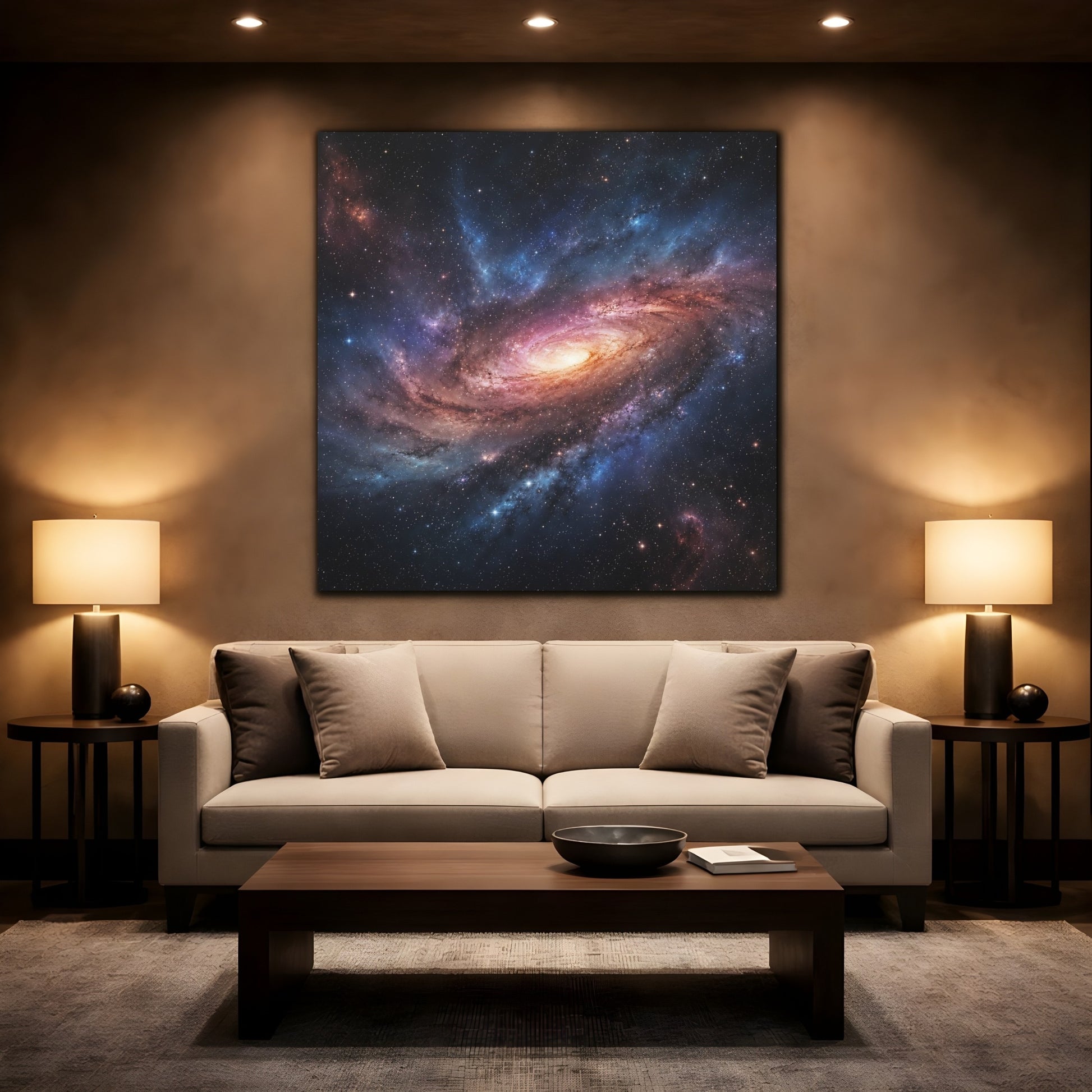 Mockup 2. Science Fiction Spiral Galaxy Purple Orange Galaxy shown as stretched canvas wall art