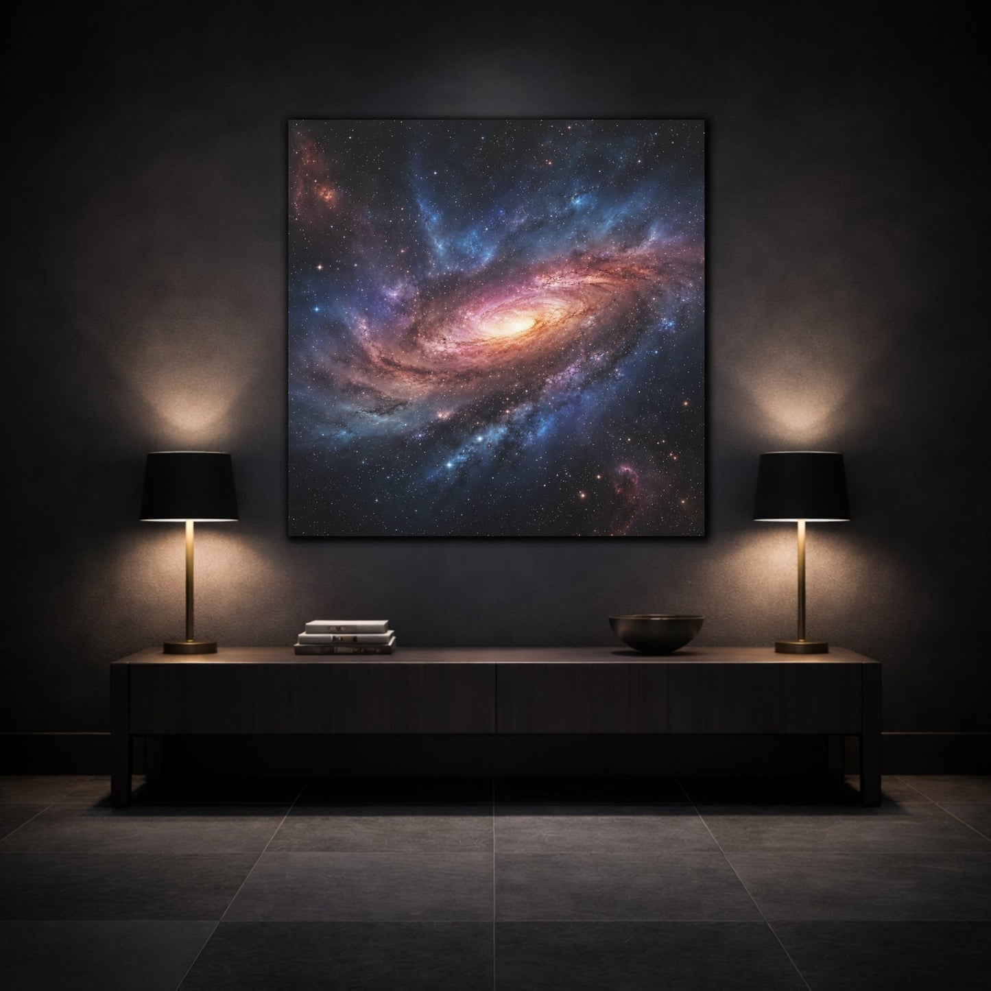 Mockup 3. Science Fiction Spiral Galaxy Purple Orange Galaxy shown as stretched canvas wall art