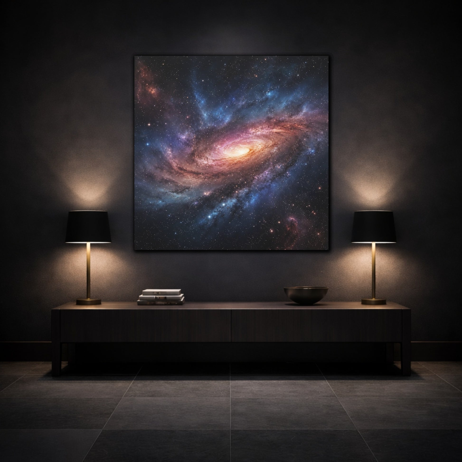 Mockup 3. Science Fiction Spiral Galaxy Purple Orange Galaxy shown as stretched canvas wall art