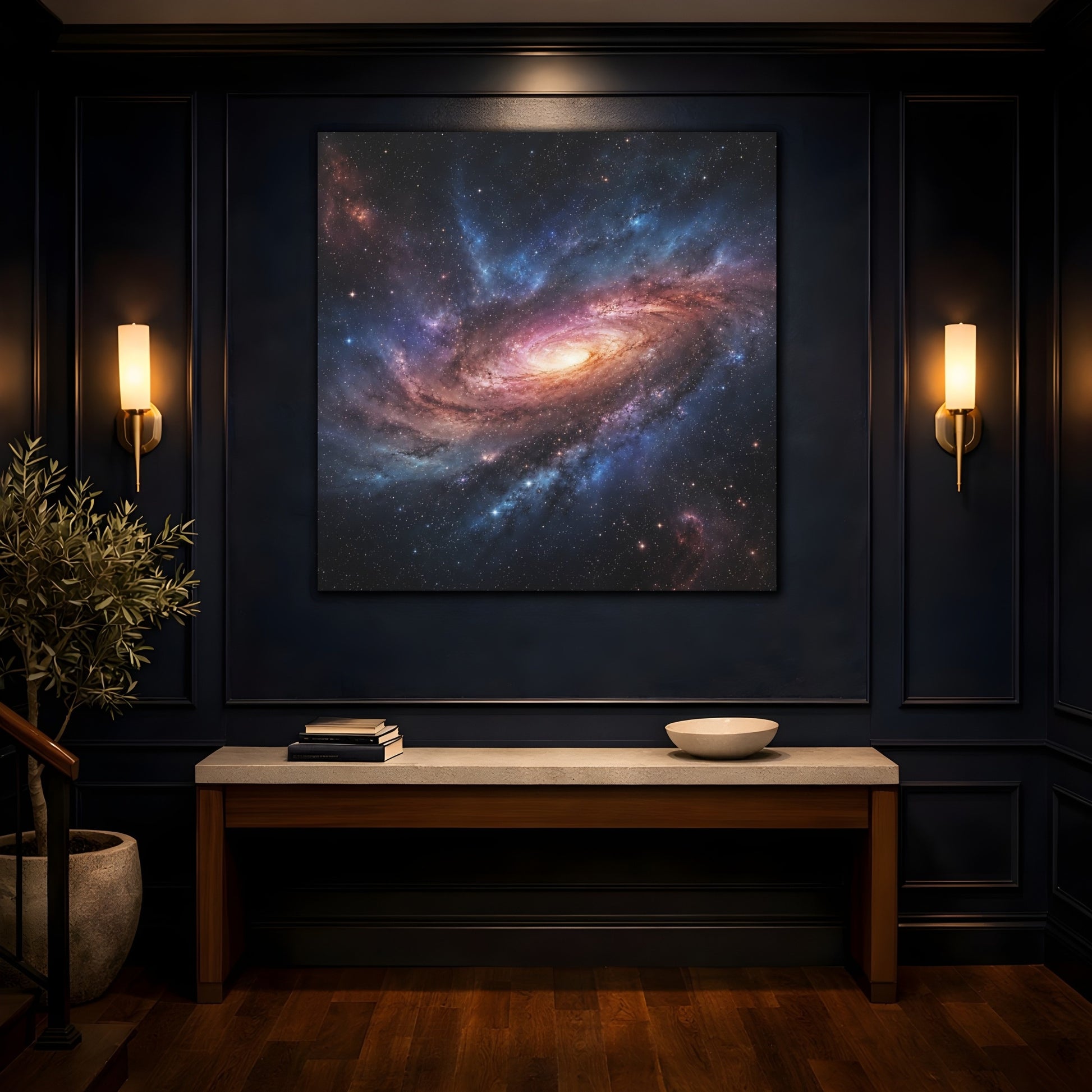 Mockup 4. Science Fiction Spiral Galaxy Purple Orange Galaxy shown as stretched canvas wall art