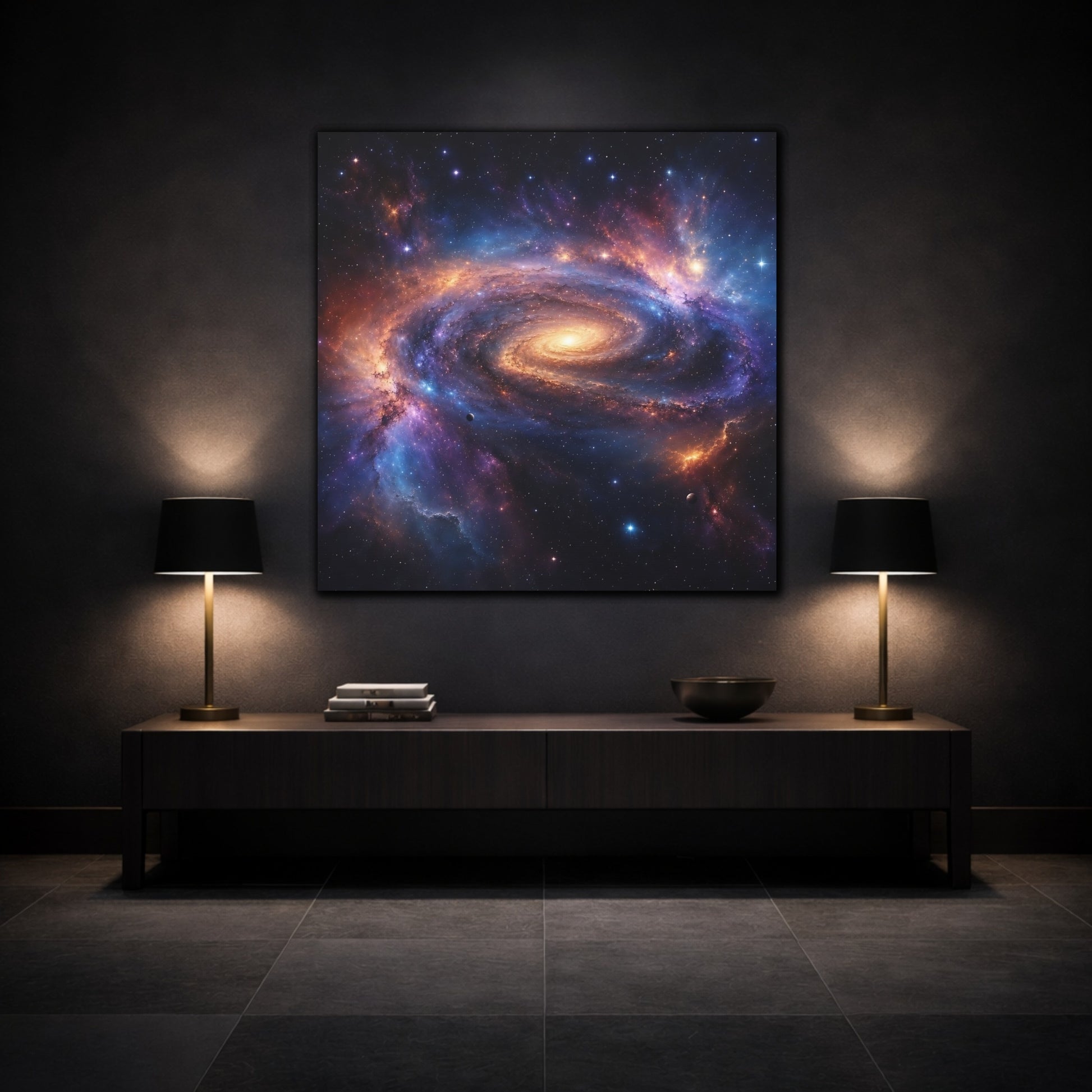 Mockup 3. Science Fiction Spiral Galaxy Vibrant Galaxy shown as stretched canvas wall art