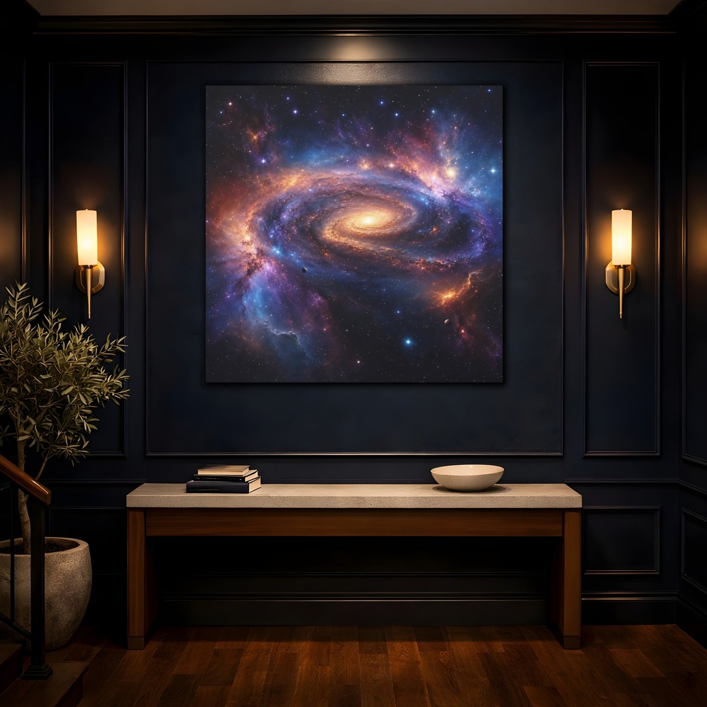 Mockup 4. Science Fiction Spiral Galaxy Vibrant Galaxy shown as stretched canvas wall art