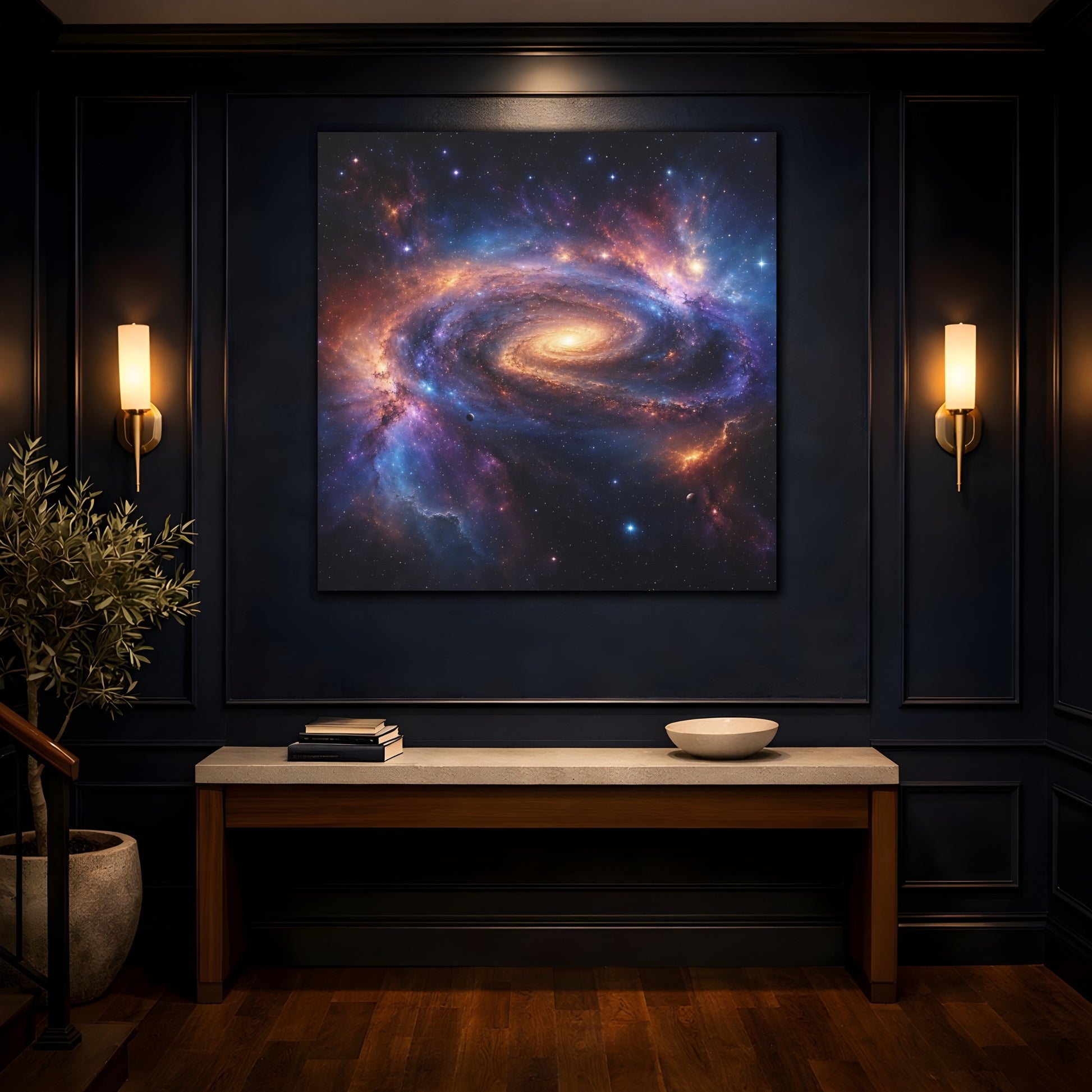 Mockup 4. Science Fiction Spiral Galaxy Vibrant Galaxy shown as stretched canvas wall art