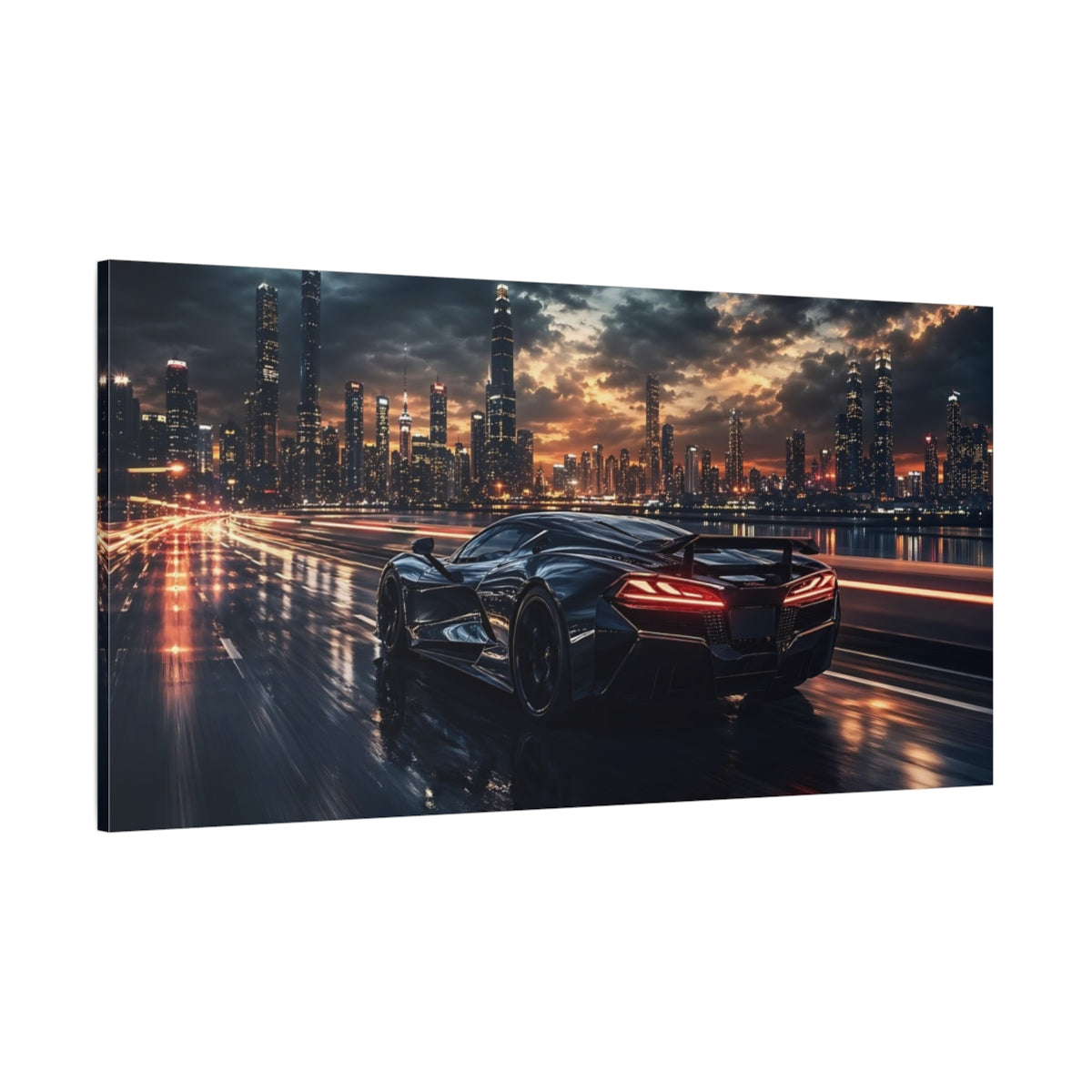 Side Mockup 2. Science Fiction Sports Car Black Sports Car shown as stretched canvas wall art