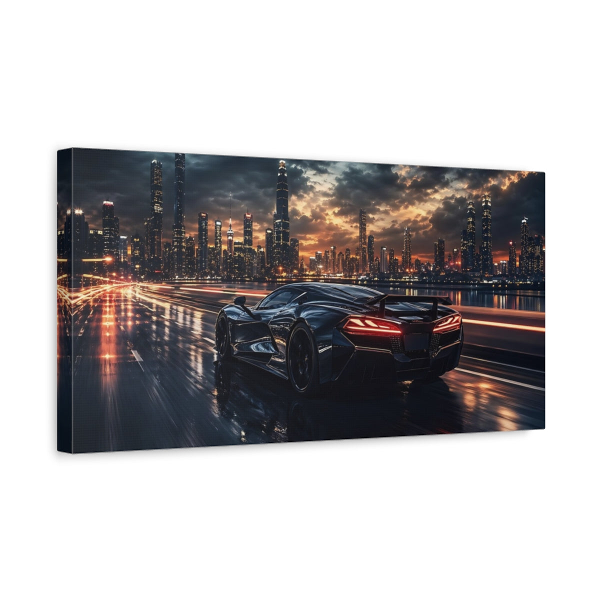 Side Mockup 3. Science Fiction Sports Car Black Sports Car shown as stretched canvas wall art