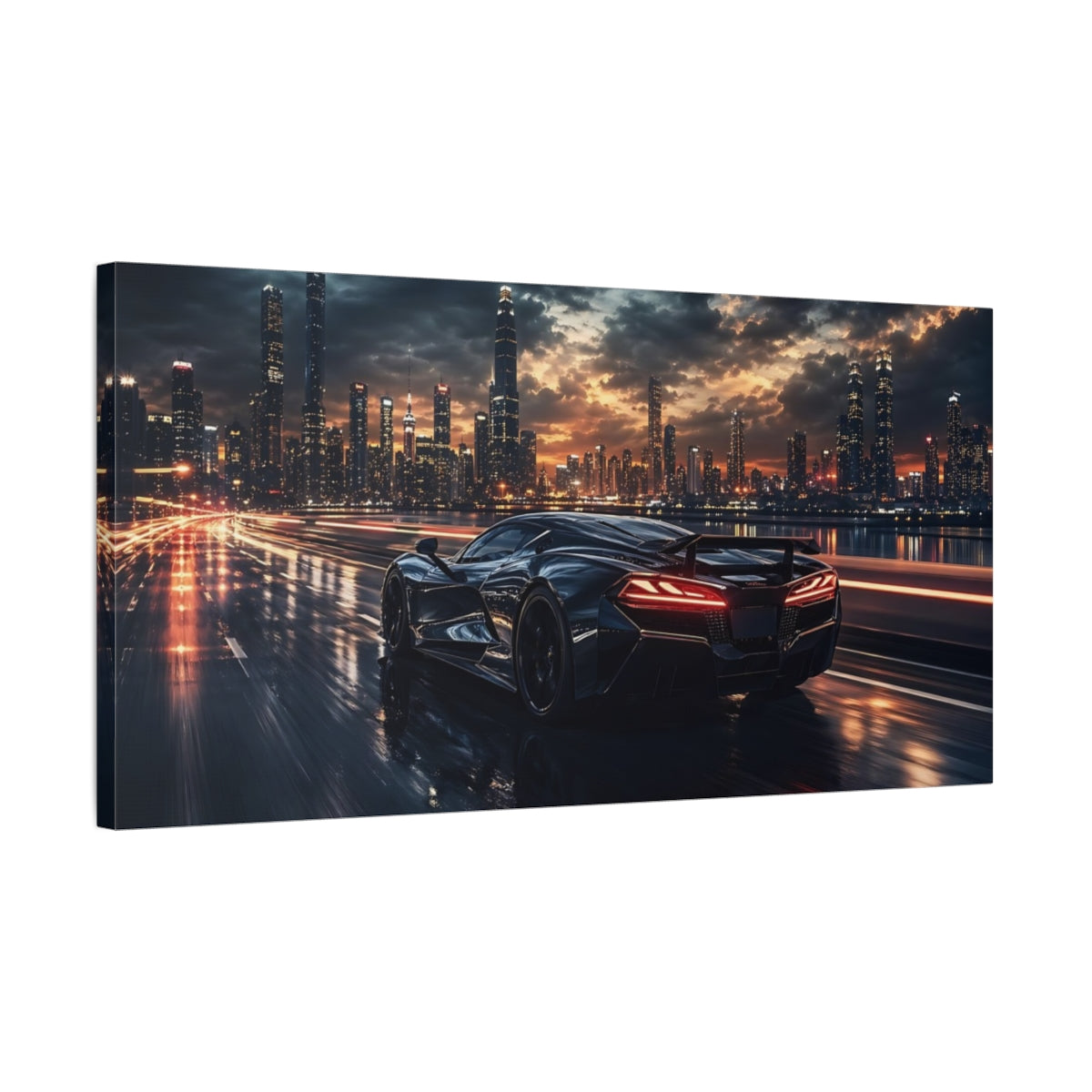 Side Mockup 1. Science Fiction Sports Car Black Sports Car shown as stretched canvas wall art