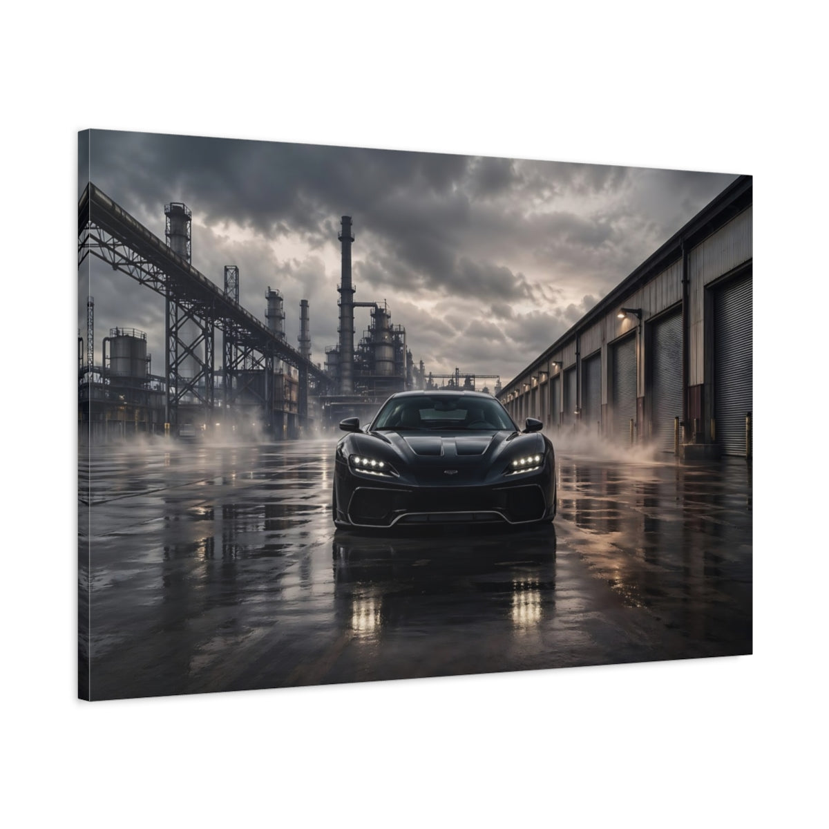Main Mockup. Science Fiction Sports Car Black Car Dark shown as stretched canvas wall art