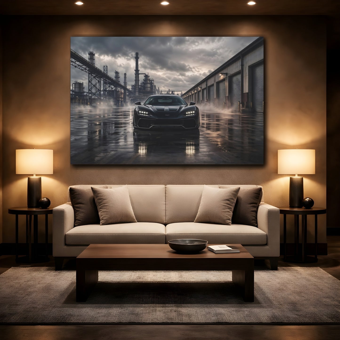 Mockup 2. Science Fiction Sports Car Black Car Dark shown as stretched canvas wall art
