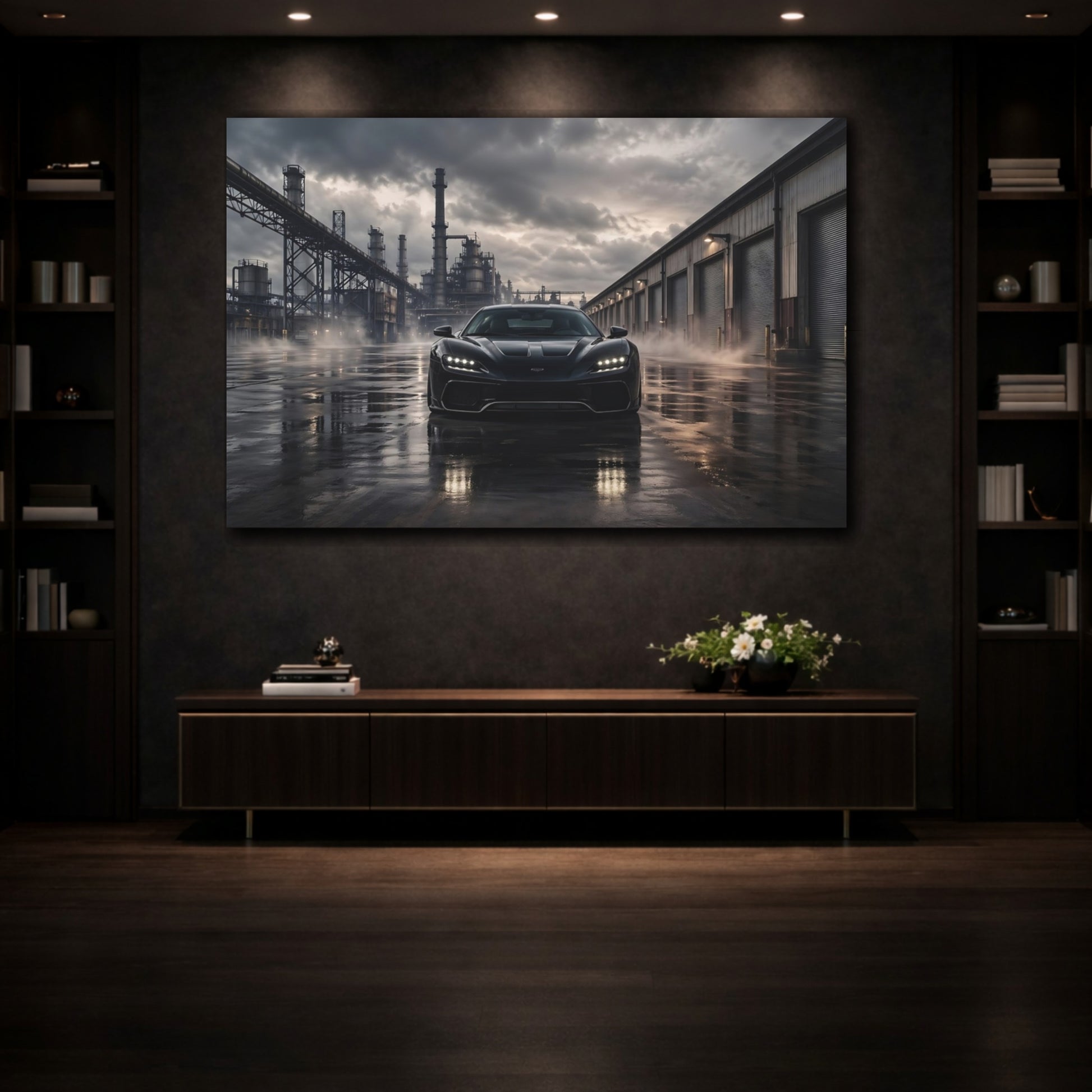Mockup 3. Science Fiction Sports Car Black Car Dark shown as stretched canvas wall art