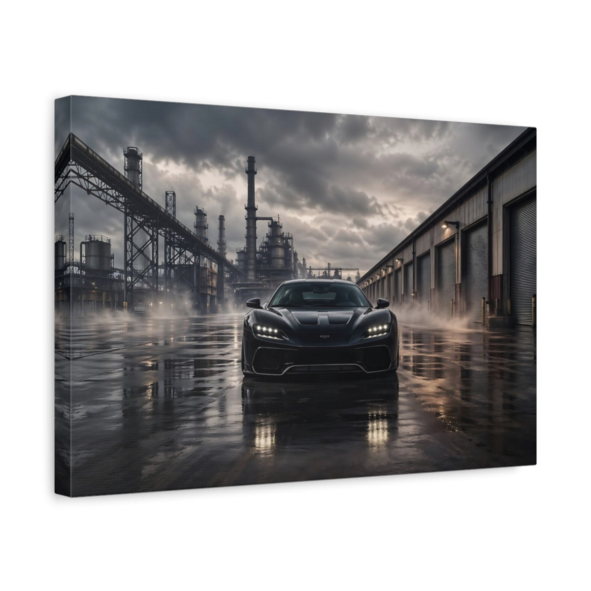 Side Mockup 4. Science Fiction Sports Car Black Car Dark shown as stretched canvas wall art