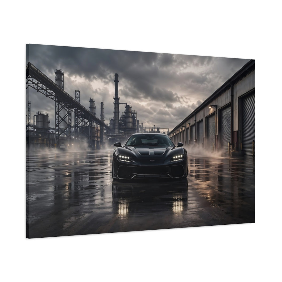 Side Mockup 1. Science Fiction Sports Car Black Car Dark shown as stretched canvas wall art