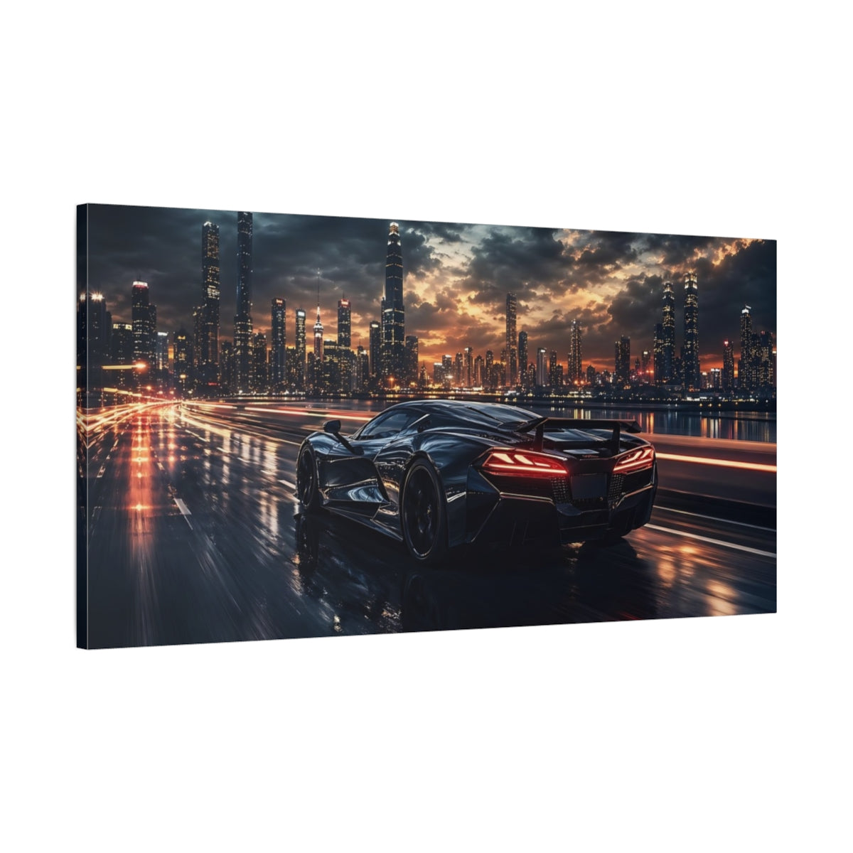 Main Mockup. Science Fiction Sports Car Black Sports Car shown as stretched canvas wall art