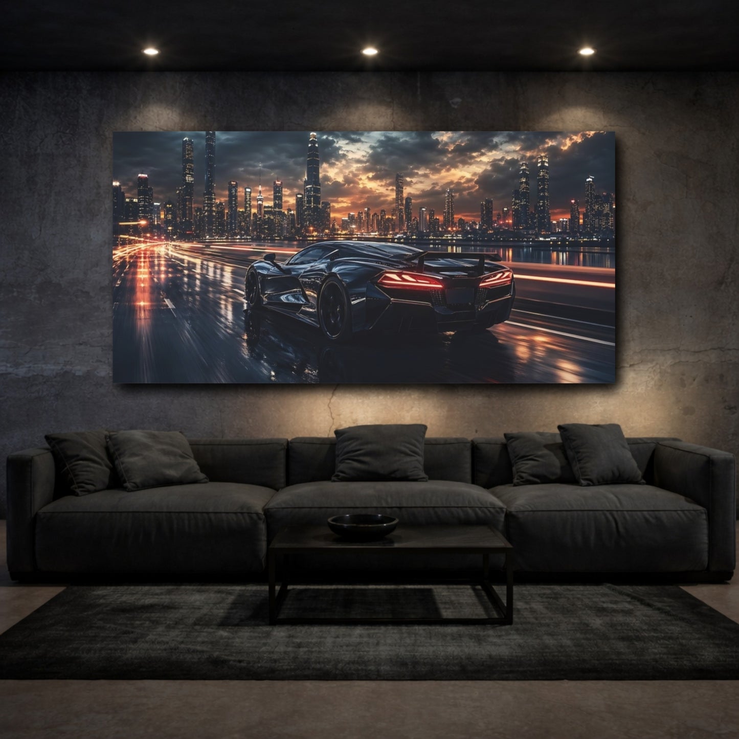 Mockup 2. Science Fiction Sports Car Black Sports Car shown as stretched canvas wall art