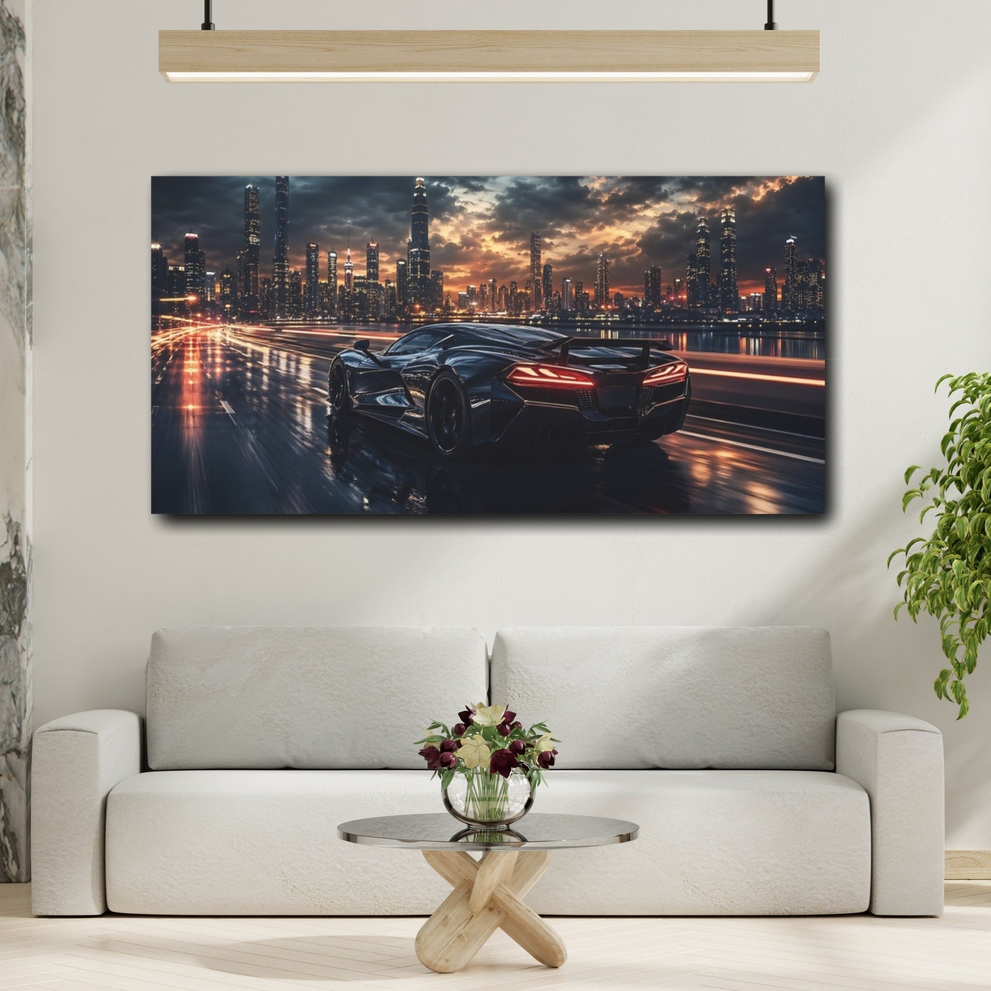 Mockup 3. Science Fiction Sports Car Black Sports Car shown as stretched canvas wall art