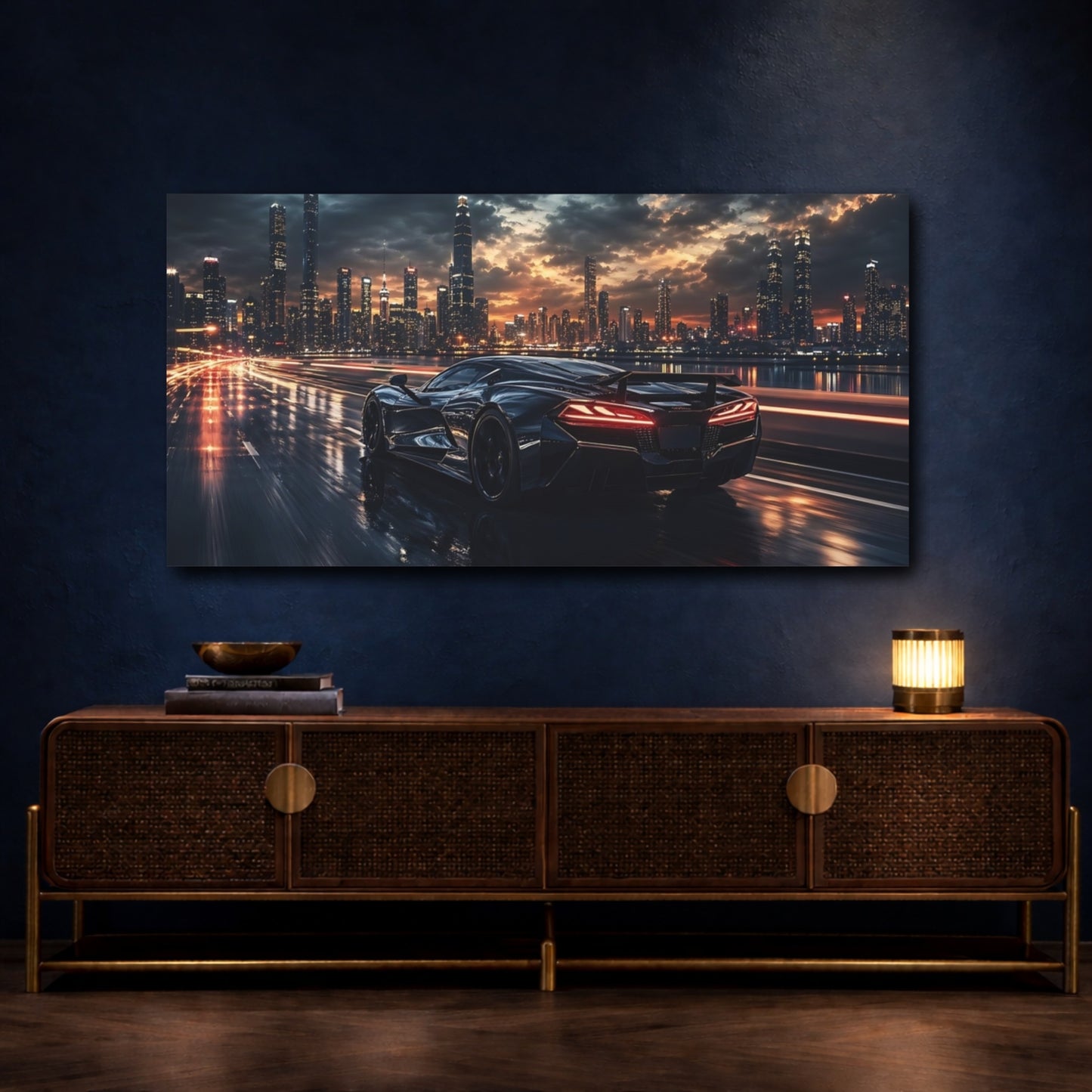 Mockup 4. Science Fiction Sports Car Black Sports Car shown as stretched canvas wall art