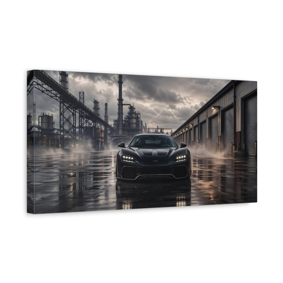 Side Mockup 3. Science Fiction Sports Car Dark Grey Industrial shown as stretched canvas wall art