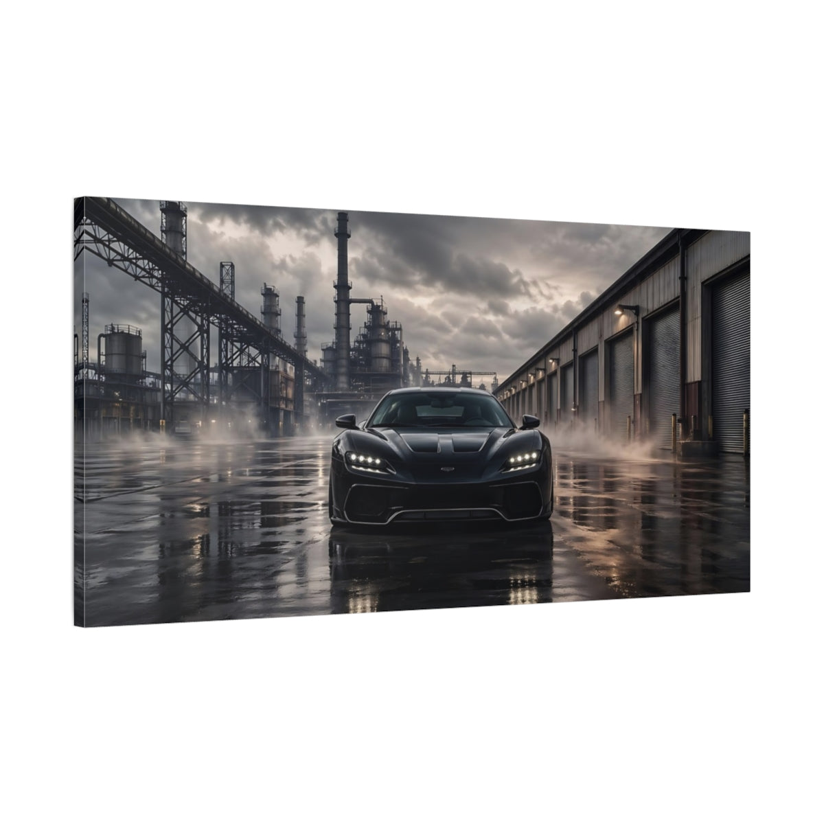 Main Mockup. Science Fiction Sports Car Dark Grey Industrial shown as stretched canvas wall art