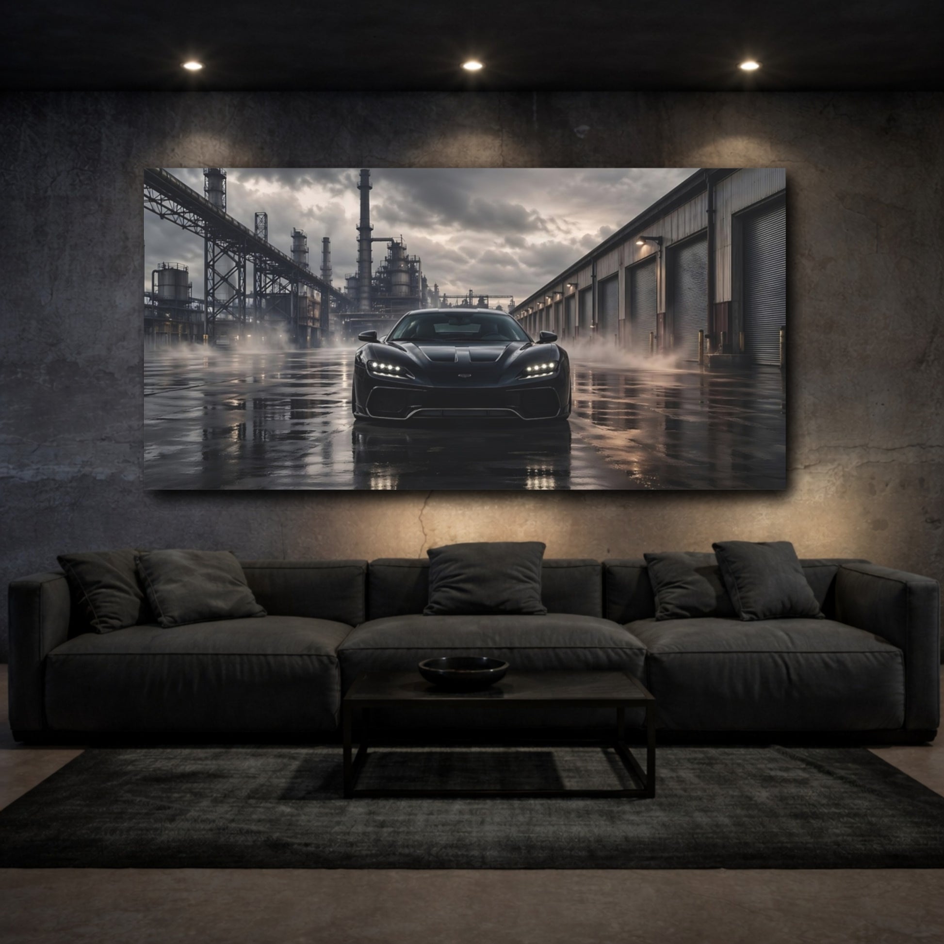 Mockup 2. Science Fiction Sports Car Dark Grey Industrial shown as stretched canvas wall art