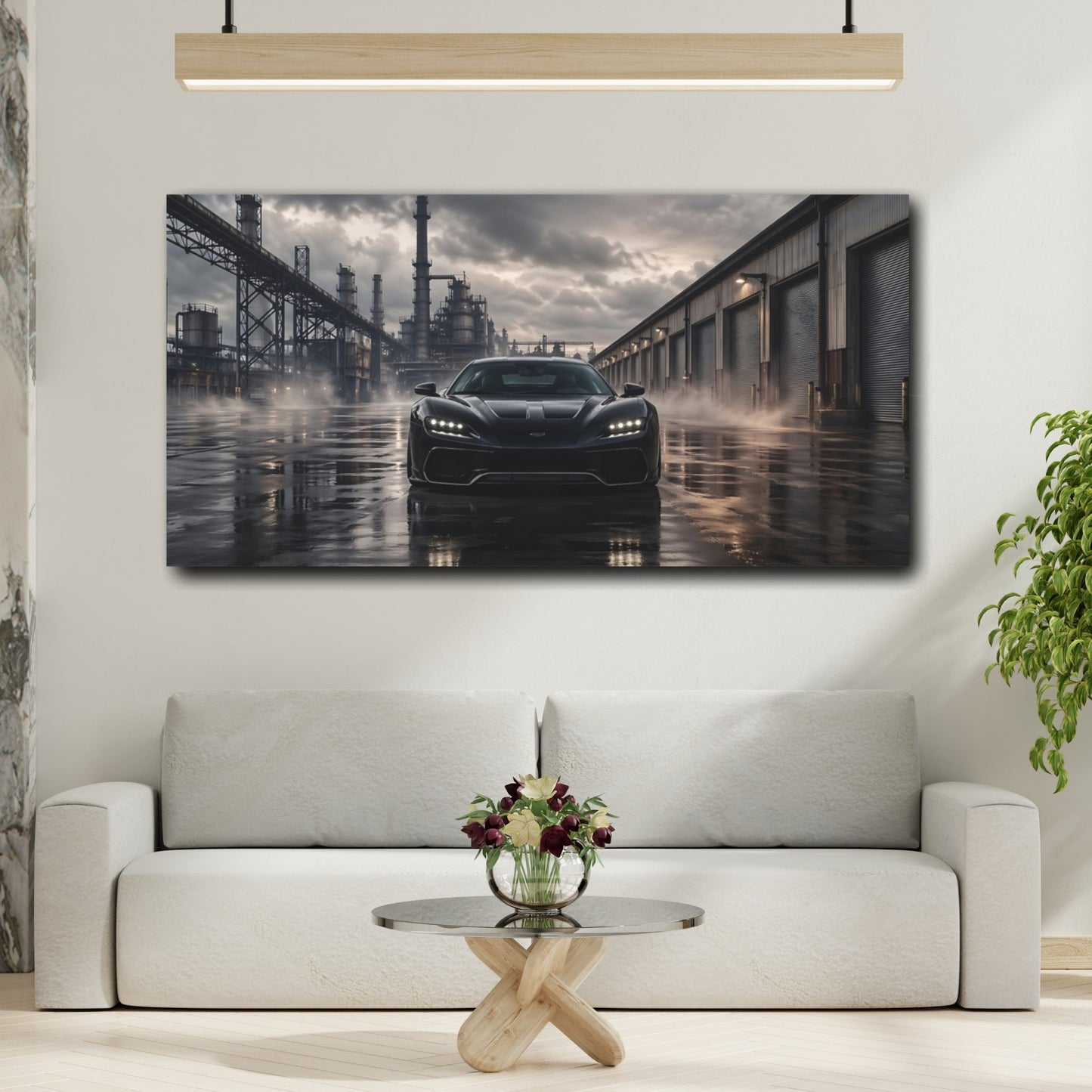 Mockup 3. Science Fiction Sports Car Dark Grey Industrial shown as stretched canvas wall art
