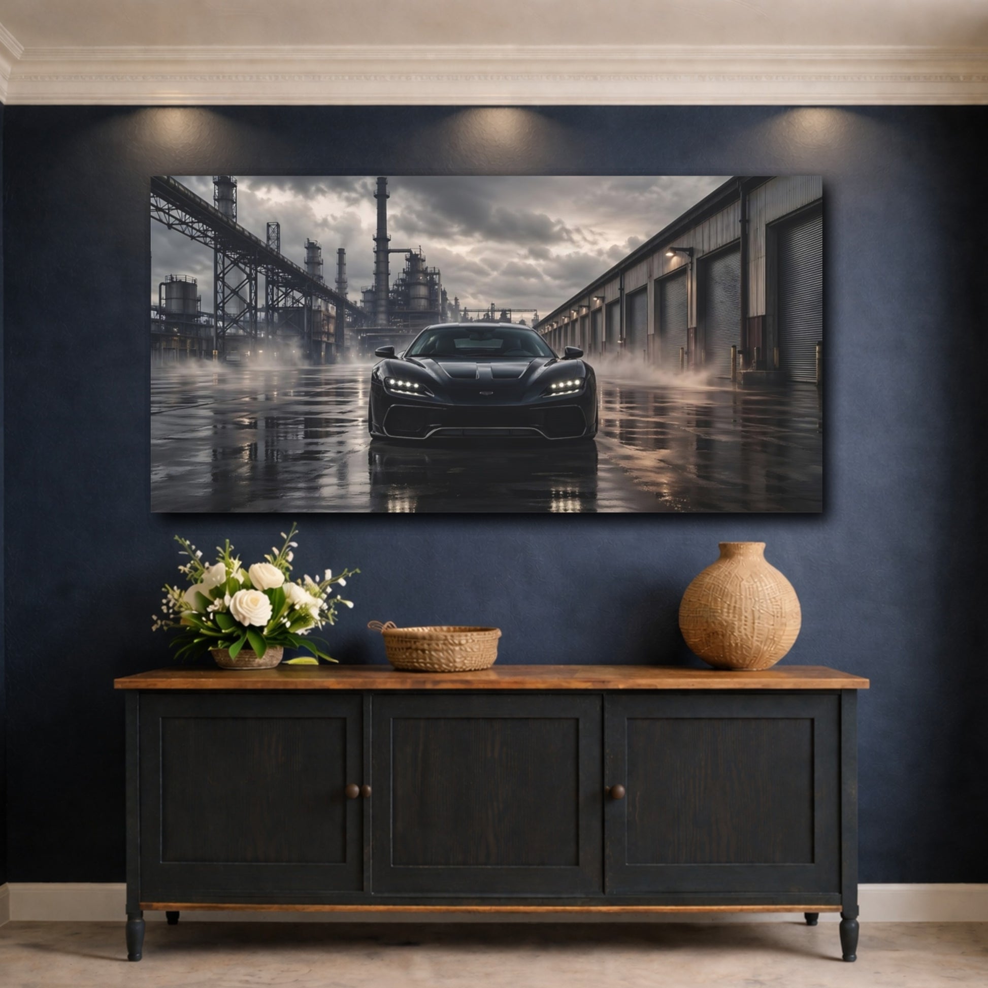 Mockup 4. Science Fiction Sports Car Dark Grey Industrial shown as stretched canvas wall art
