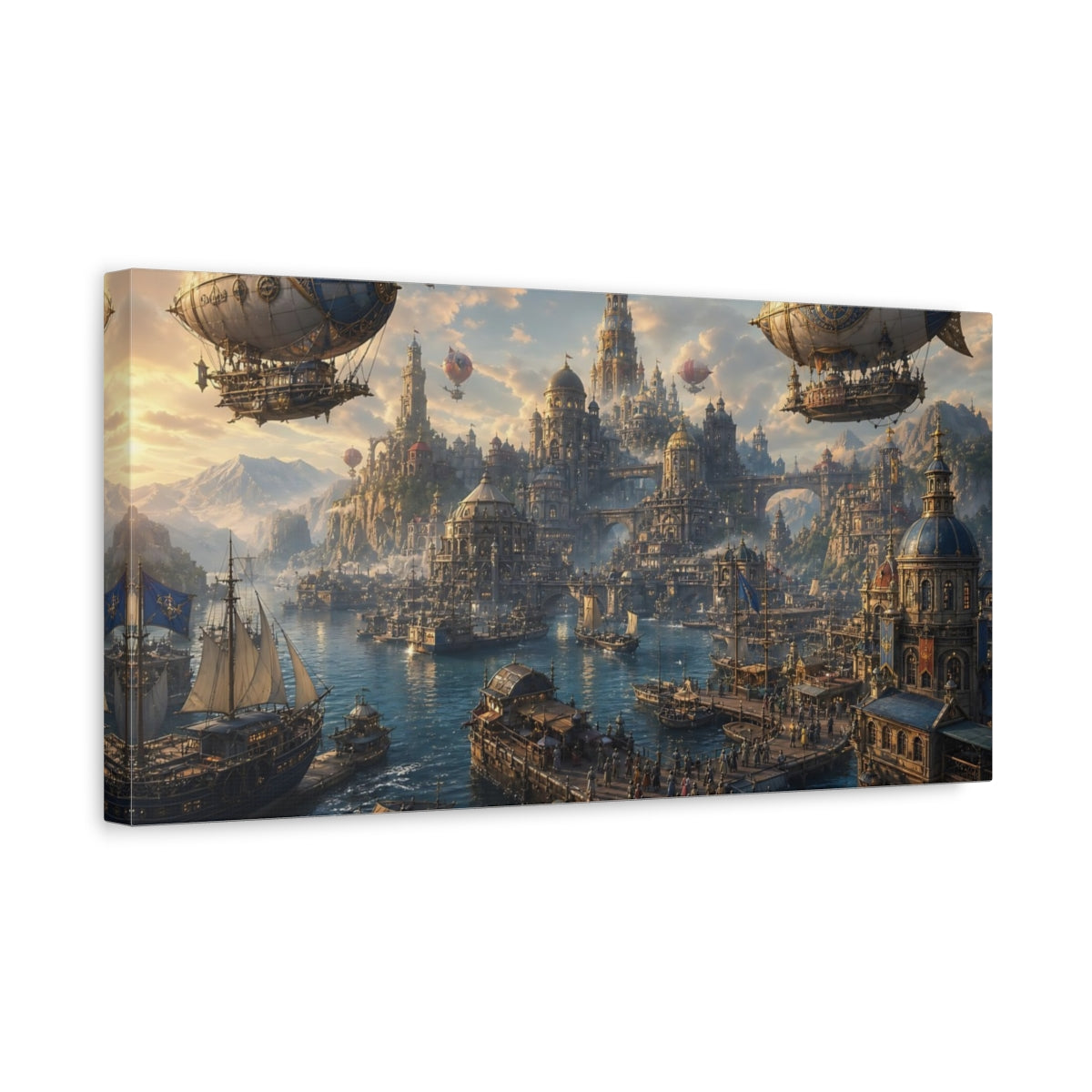 Side Mockup 3. Science Fiction Steampunk City Blue And Gold Cityscape shown as stretched canvas wall art
