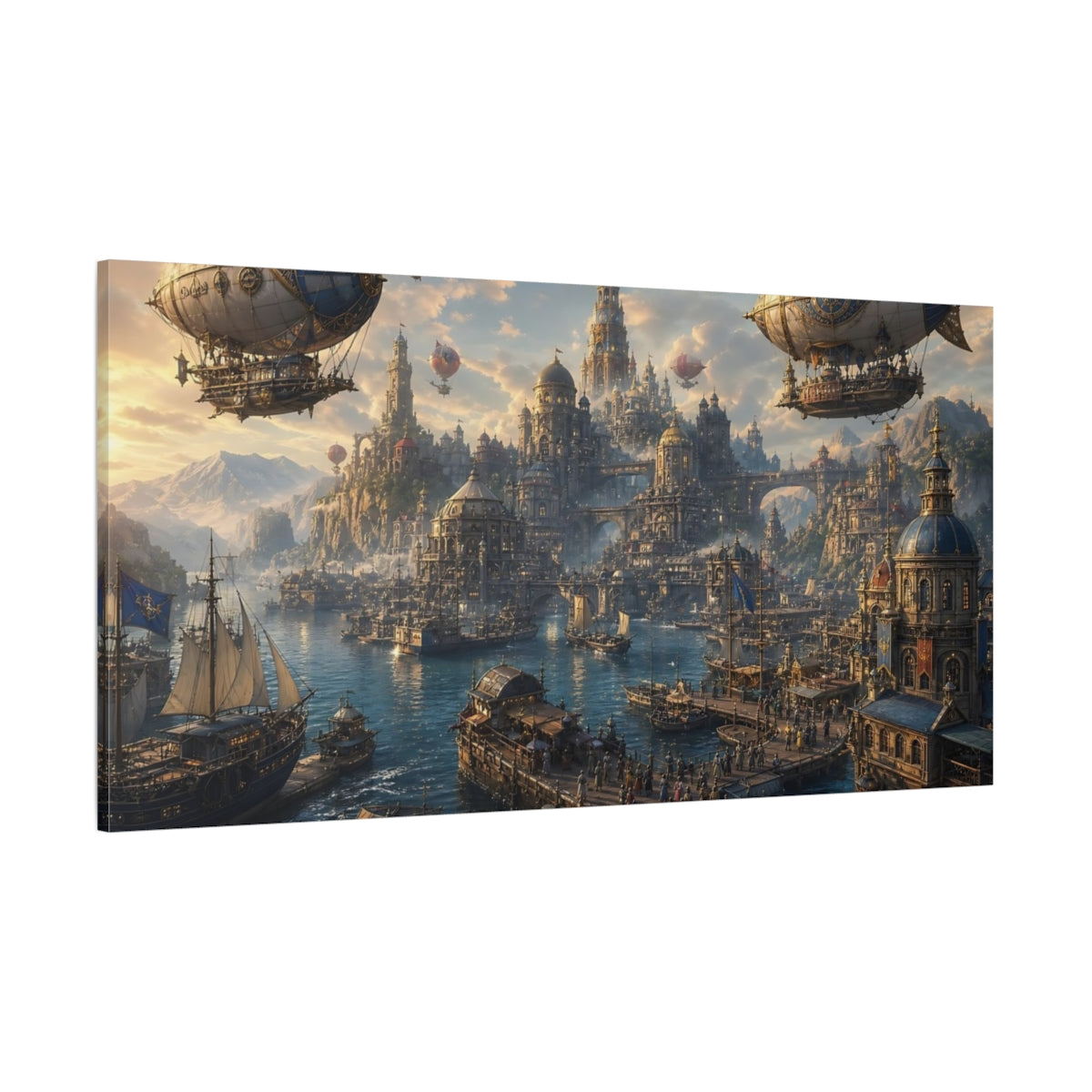 Side Mockup 2. Science Fiction Steampunk City Blue And Gold Cityscape shown as stretched canvas wall art